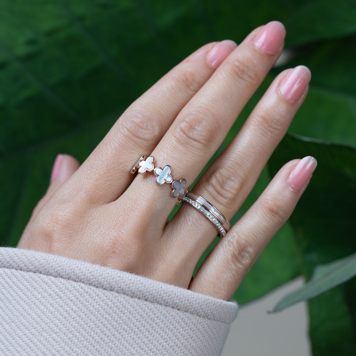 14k Rose Gold Mother of Pearl & Diamond Double Eternity Wedding Band - Elegant Stackable Ring for Anniversary, Engagement & Special Occasions