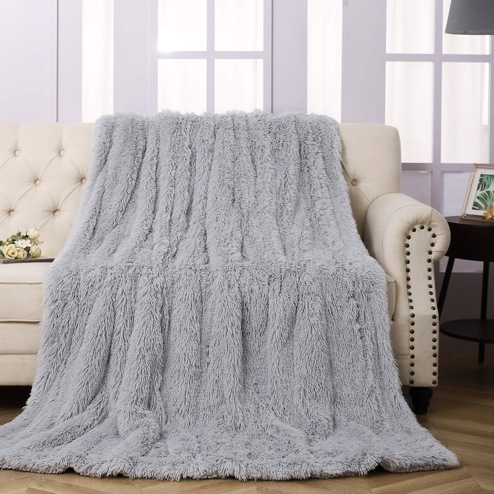 Faux Fur Throw Blanket 50x60 Inches - Ultra Soft Lightweight Shaggy Plush Blanket for Couch, Bed, Chair - Warm Cozy Decorative Fluffy Blanket in Light Grey - Perfect for Living Room, Bedroom & Winter Snuggling