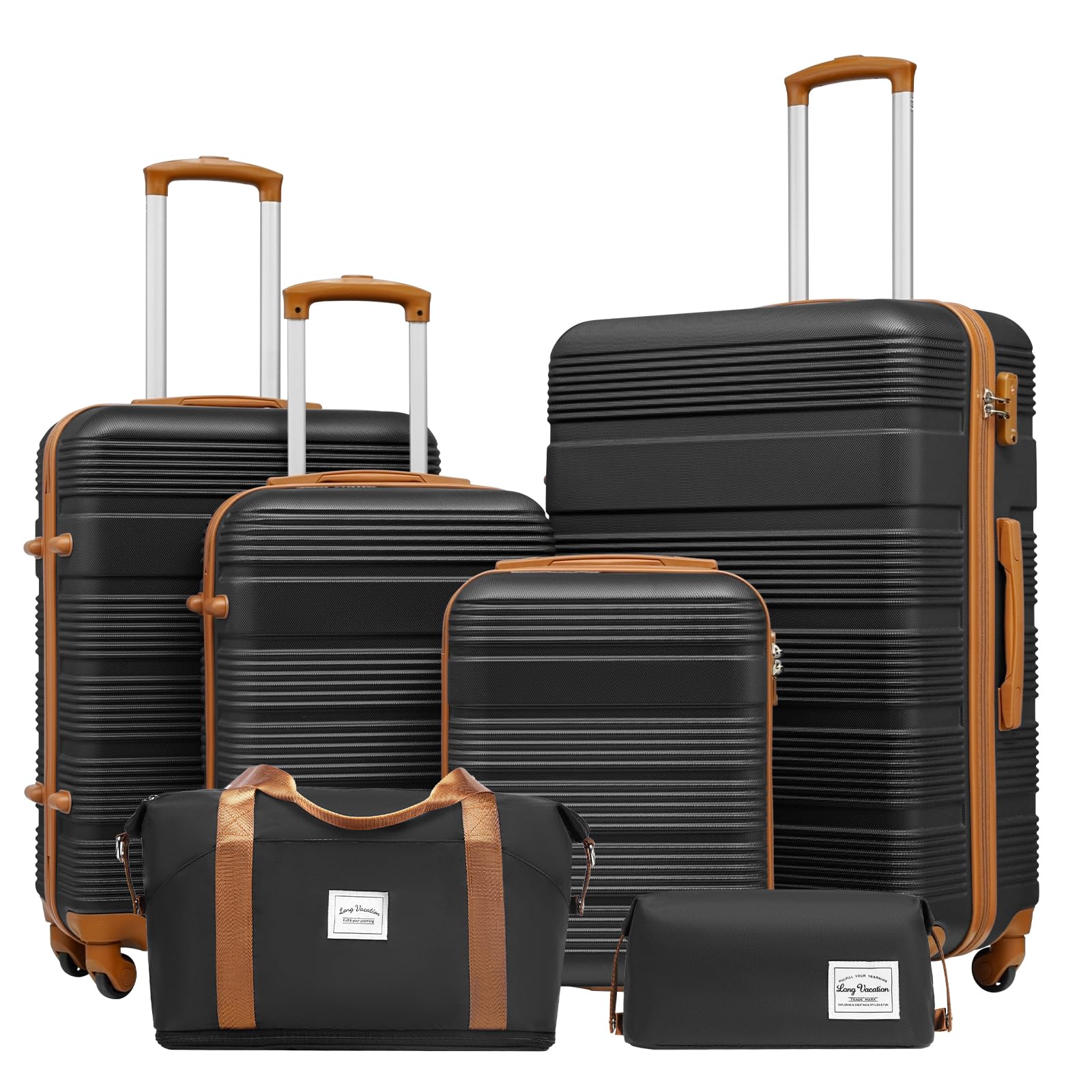 LONG VACATION 6-Piece Lightweight ABS Hardshell Luggage Set with TSA Lock & Spinner Wheels - Black-Brown Carry On Suitcase for Travel, Business Trips & Family Vacations