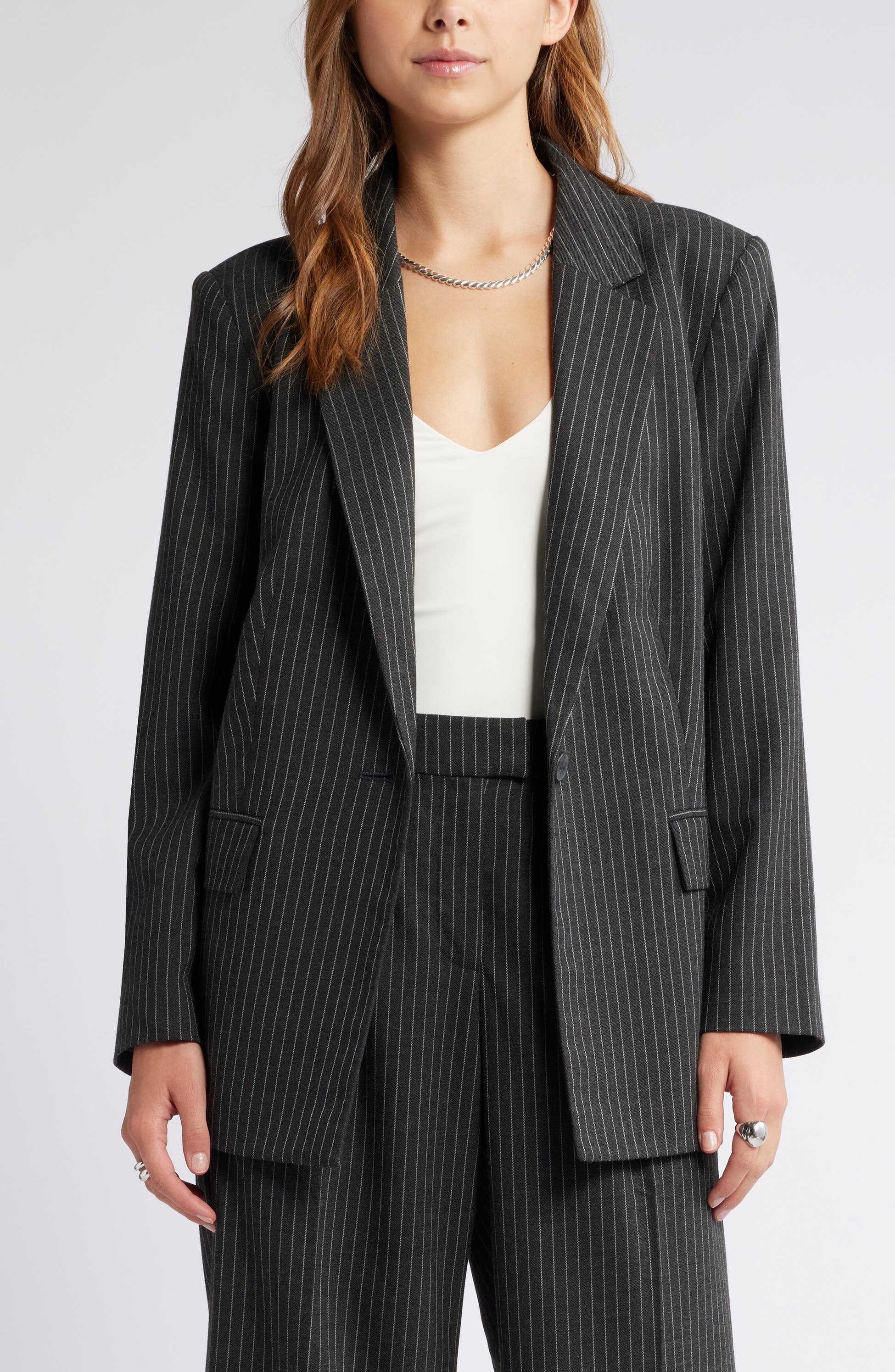 2 Piece Single Button Grey Stripe Women's Suit Set (Blazer & Pants) - Professional Office Wear, Business Attire & Formal Occasions