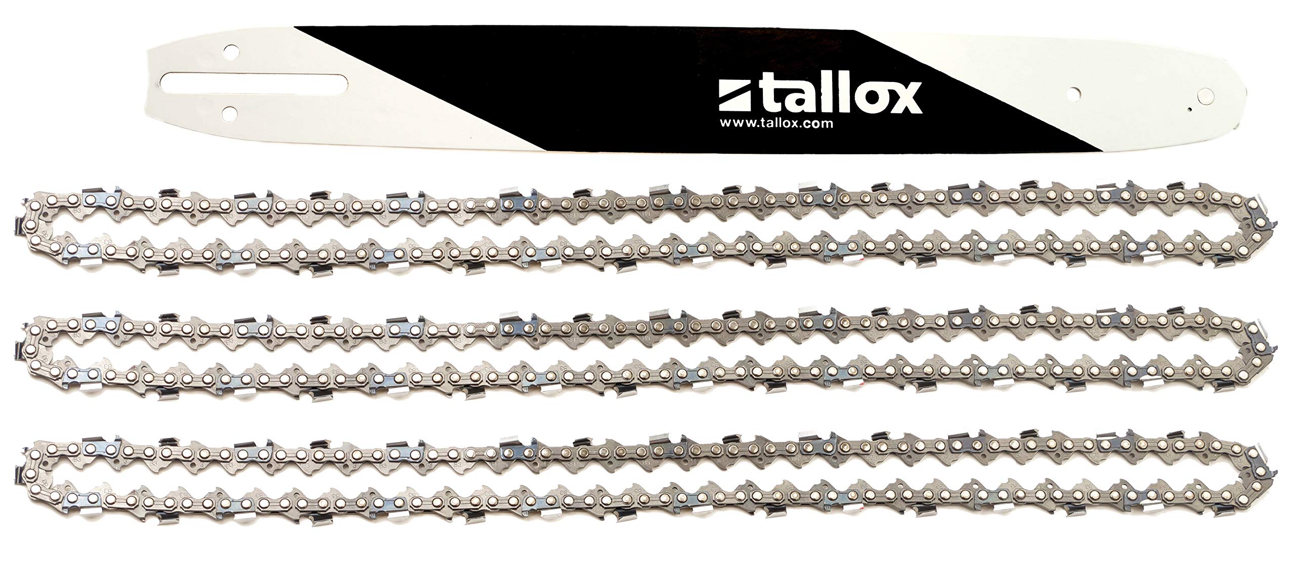 Tallox Bar and 3 Chainsaw Chains Combo Pack - 3/8 LP .050 Inch 40 Drive Links 10 Inch - Perfect for Professional Logging, Tree Trimming & Wood Cutting