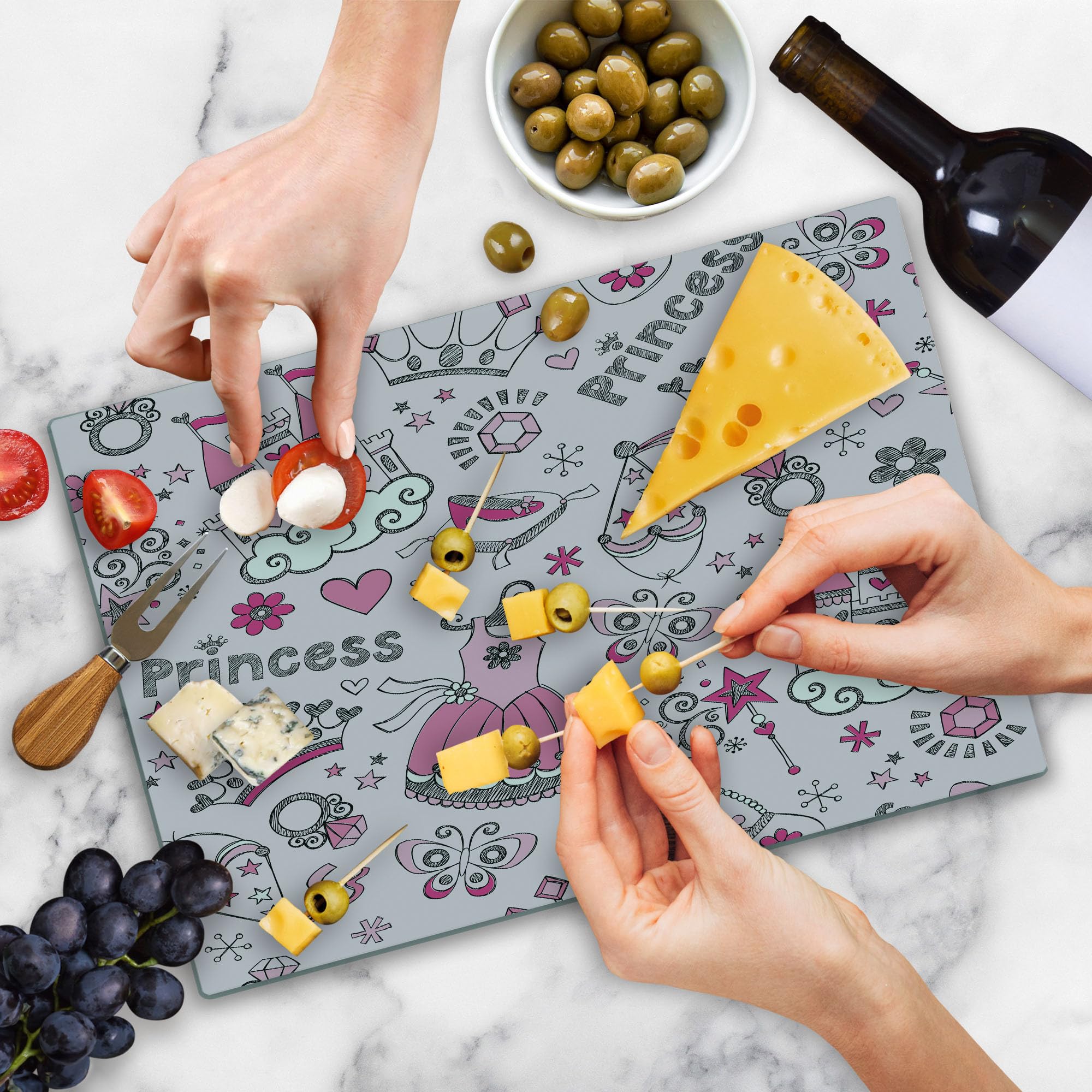 Lunarable Cartoon-Themed Tempered Glass Cutting Board - Pop Art Slipper Butterfly Heart Wand Tiara Heel Shoe Dreamland Design - Large Decorative Serving Board in Pale Pink White Grey - Perfect for Kitchen Prep, Charcuterie Display & Party Entertaining