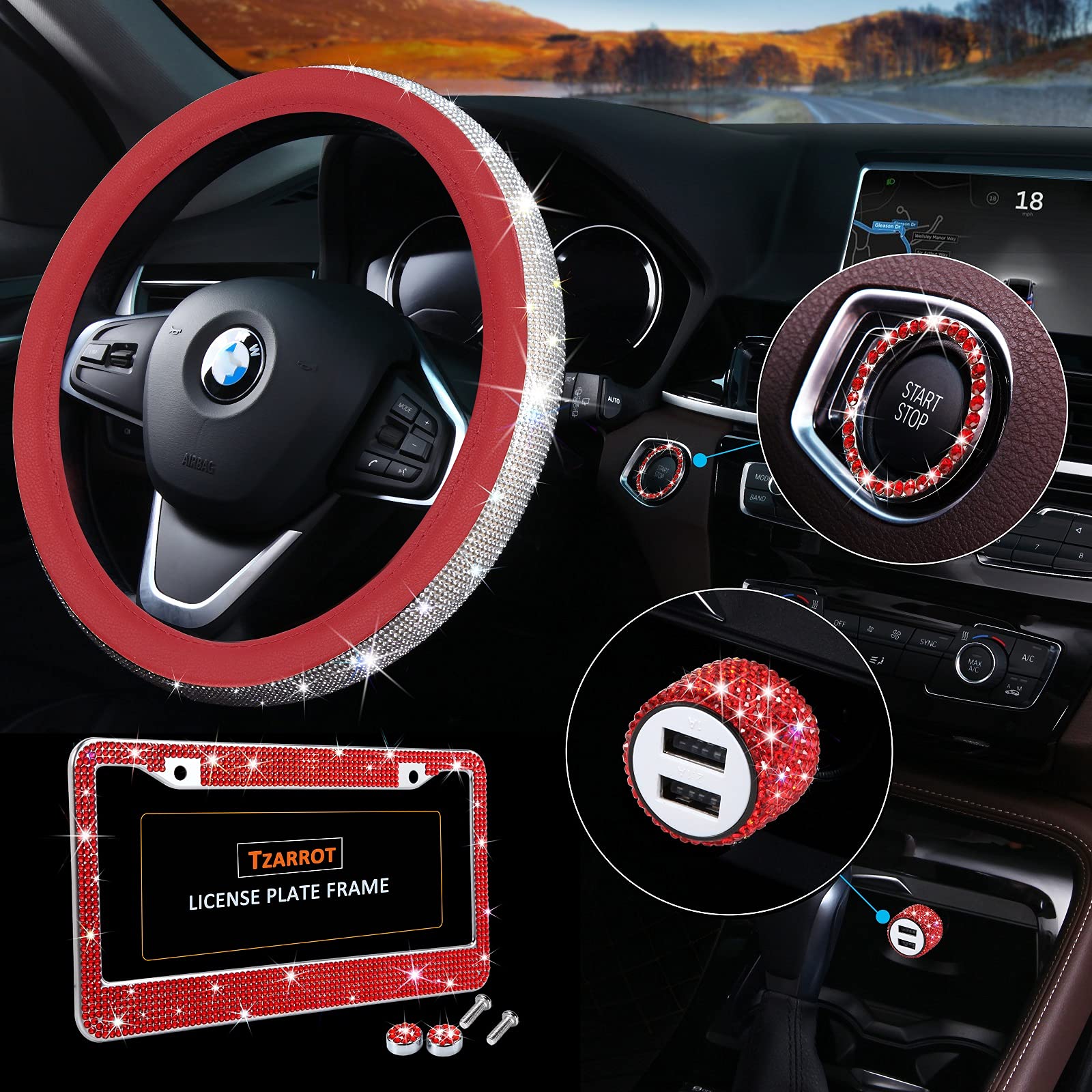 Diamond Bling Steering Wheel Cover 15 Inch Universal Fit for Men & Women - Rhinestone License Plate Frame, USB Car Charger, Crystal Car Decor Set 4 Pack - Luxury Car Accessories for Parties, Weddings & Special Occasions