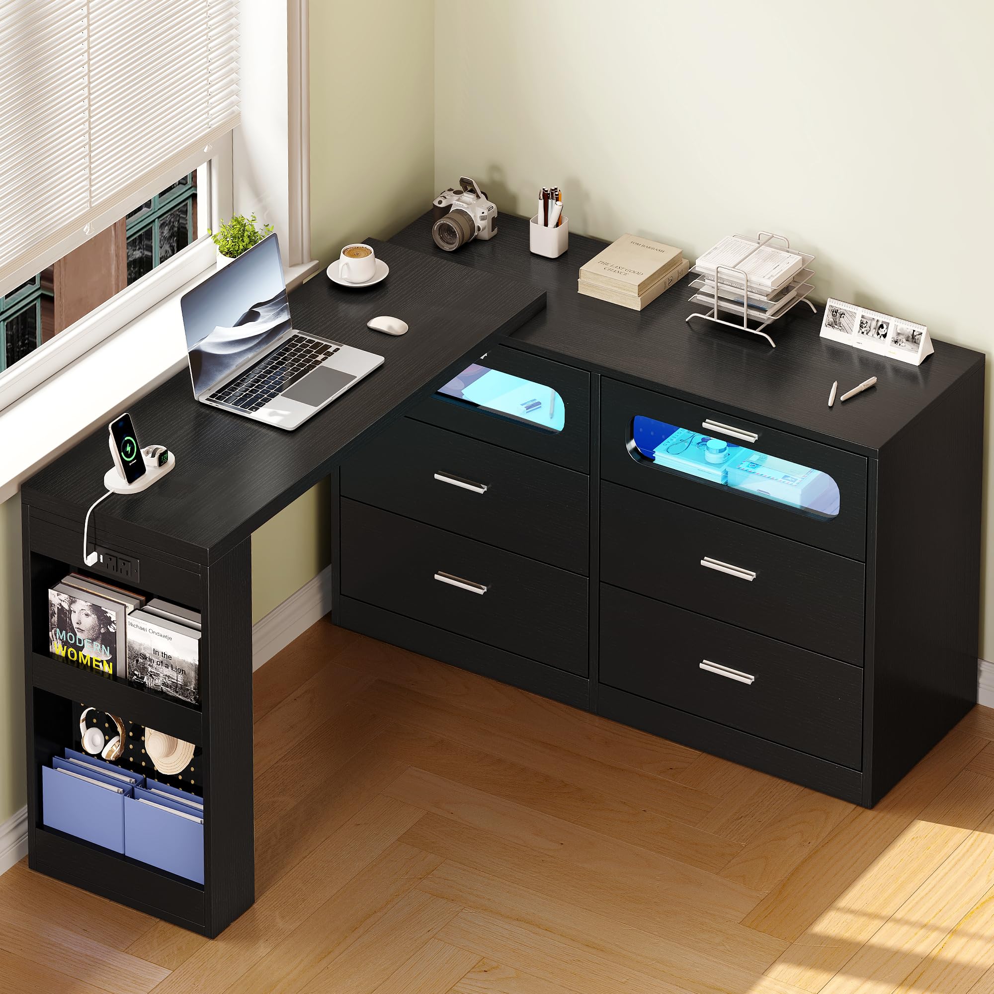 DWVO Vanity Table with RGB Lights - 360° Rotatable LED Makeup Dresser with 6 Drawers, Storage Cabinet & USB Charging Station | Modern Bedroom Vanity Desk & Executive Computer Workspace Desk in Black | Perfect for Makeup Organization, Home Office & Small Space Decor