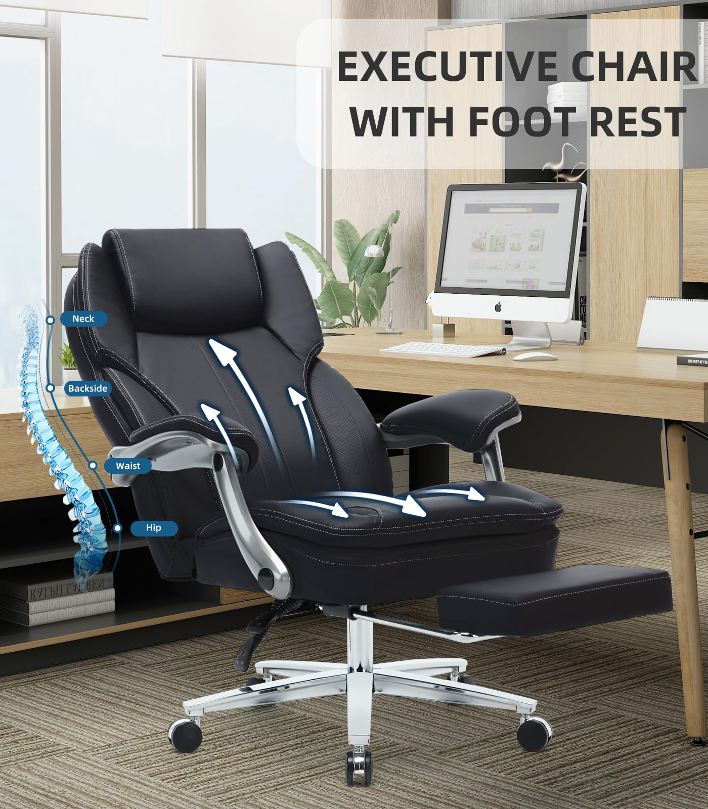 Big and Tall Office Chair with Footrest - Ergonomic High Back Executive Chair, Extra Wide Armrests, 500LBS Weight Capacity, PU Leather Managerial Desk Chair, 90-135° Reclining - Perfect for Home Office, Gaming, and Long Work Sessions