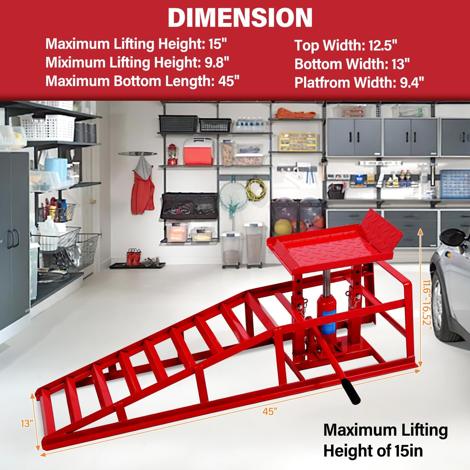 2PCS Heavy Duty Hydraulic Car Ramps - 5T/10000LBS Capacity Vehicle Ramps for Auto Repair, Low Profile Portable High Lift Car Ramps for Home Garage & Vehicle Maintenance (Red) - Perfect for Oil Changes, Tire Rotations & DIY Auto Repairs