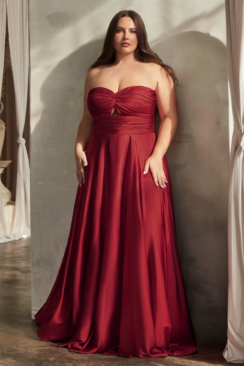 Madigan Gown - Burgundy Strapless A-Line Satin Keyhole Back Evening Dress for Prom, Wedding & Formal Events