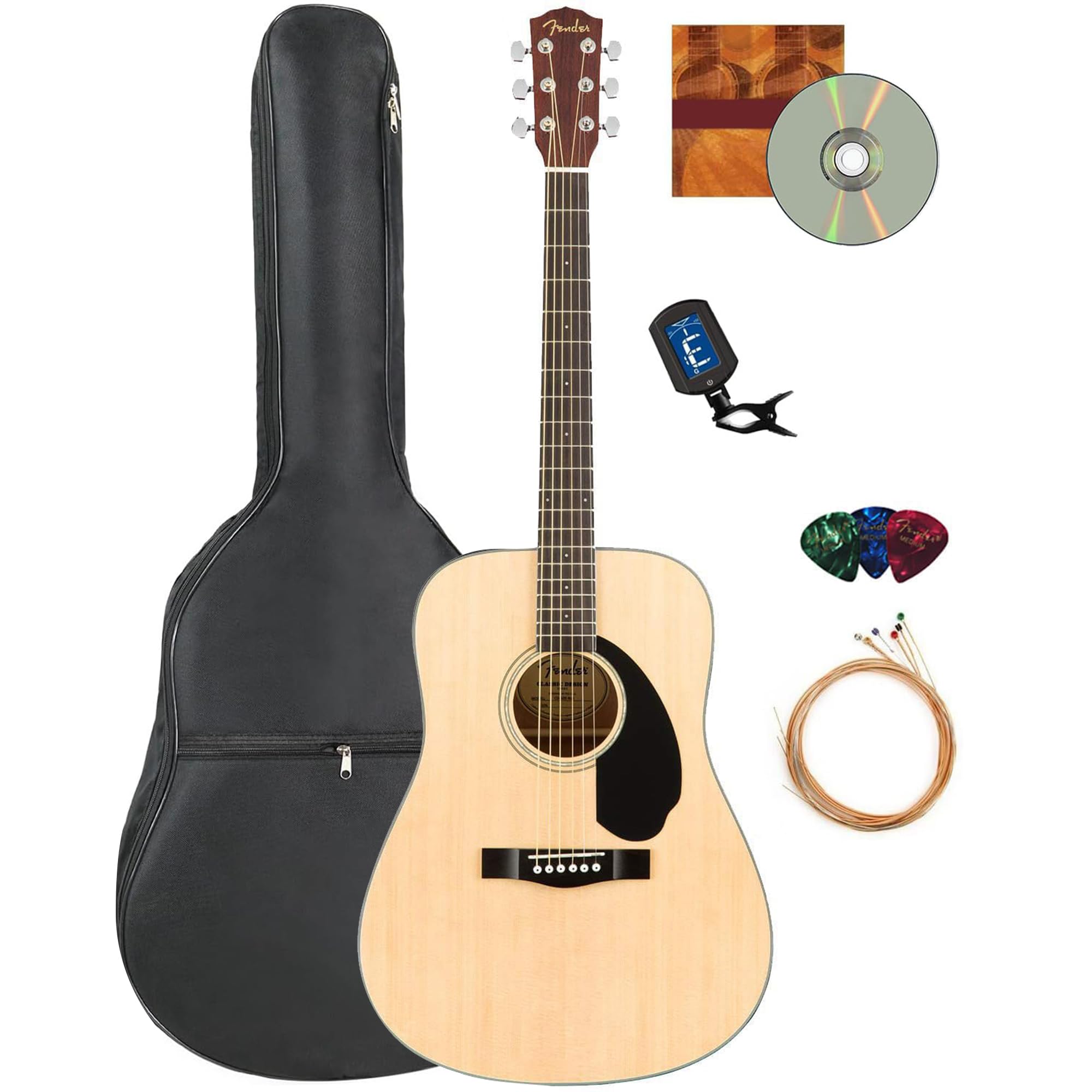 Fender CD-60S Solid Top Dreadnought Acoustic Guitar Bundle - Natural Finish with Gig Bag, Tuner, Strings, Picks & Online Lessons | Perfect for Beginners, Campfire Singalongs & Home Recording Studios