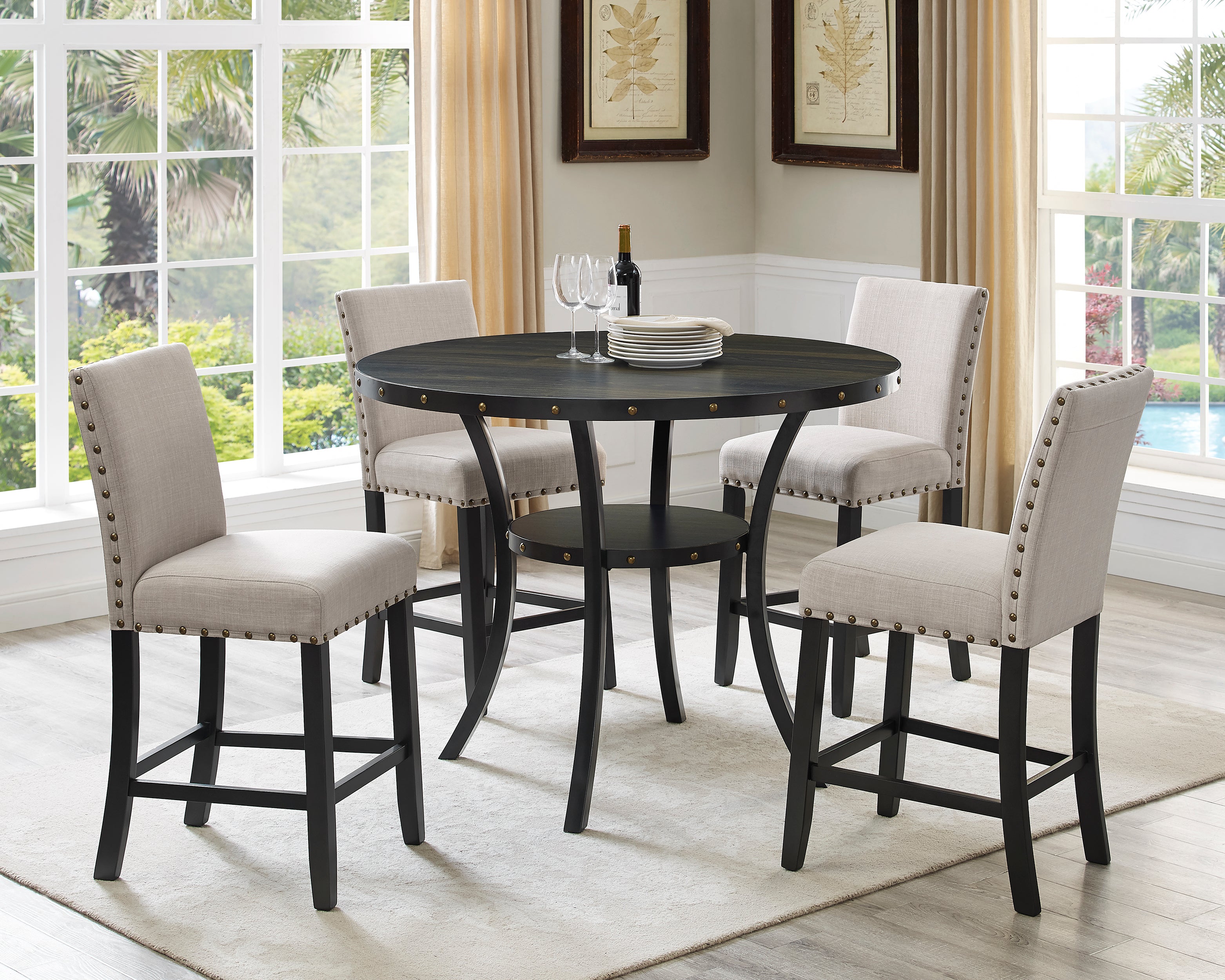 Roundhill Furniture Biony Fabric Counter Height Bar Stools with Nailhead Trim, Set of 2 - Modern Kitchen Island & Breakfast Nook Seating for Home & Office