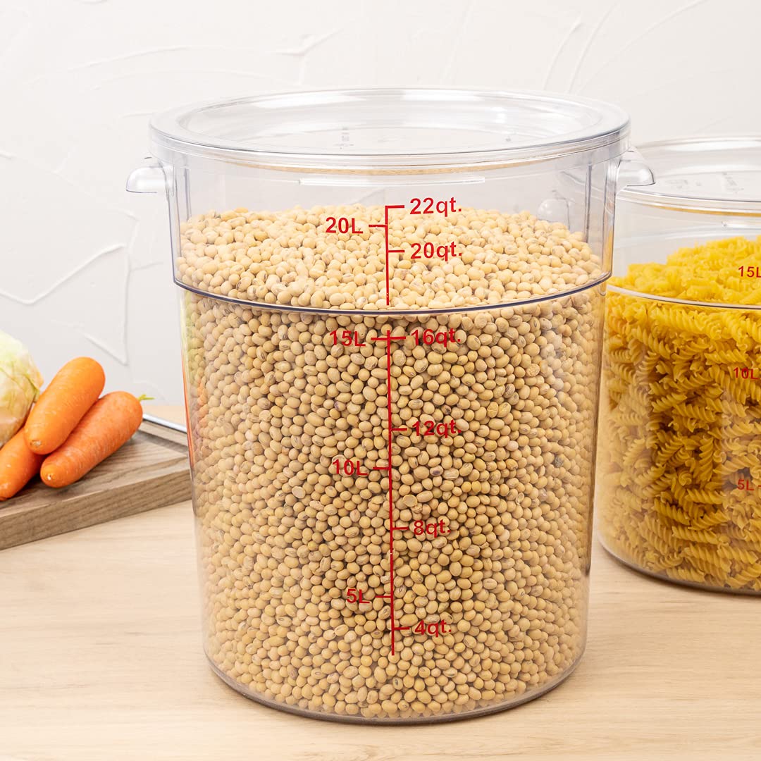 Restaurantware Met Lux 22 Quart (20.8L) Clear Plastic Food Storage Containers - 10-Pack Round Commercial Food Prep Buckets with Volume Markers | Space-Saving Kitchen Organization for Restaurants, Catering & Bulk Food Storage (Lids Sold Separately)
