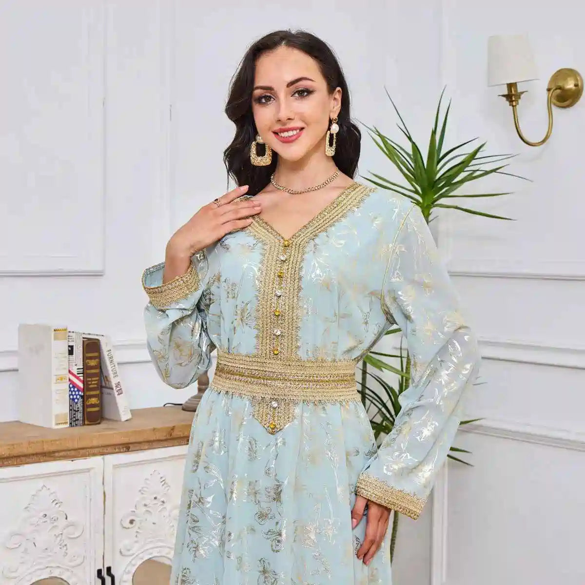Elegant Eid Bronzing Dress Caftan Kaftan for Women - Flowy Long Sleeve Maxi Dress #25030 | Perfect for Eid Celebrations, Weddings & Special Occasions
