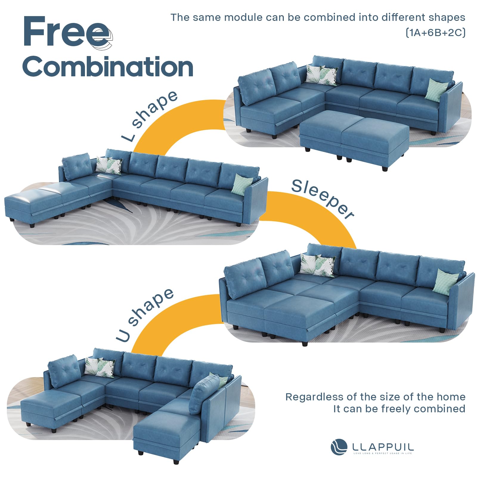 Modular Sofa Set with Side Armrests - Customizable Sectional Couch in Breathable Faux Leather (Navy Blue) - Perfect for Living Room, Lounge & Home Theater Seating