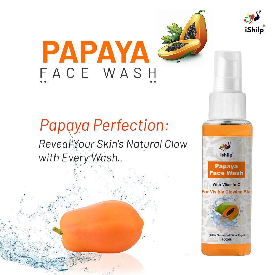 iShilp Vitamin C Papaya Face Wash for Glowing Skin - 100ml All Natural Cleanser for Women & Men | Brightening, Hydrating & Gentle Daily Use for Face & Neck Care