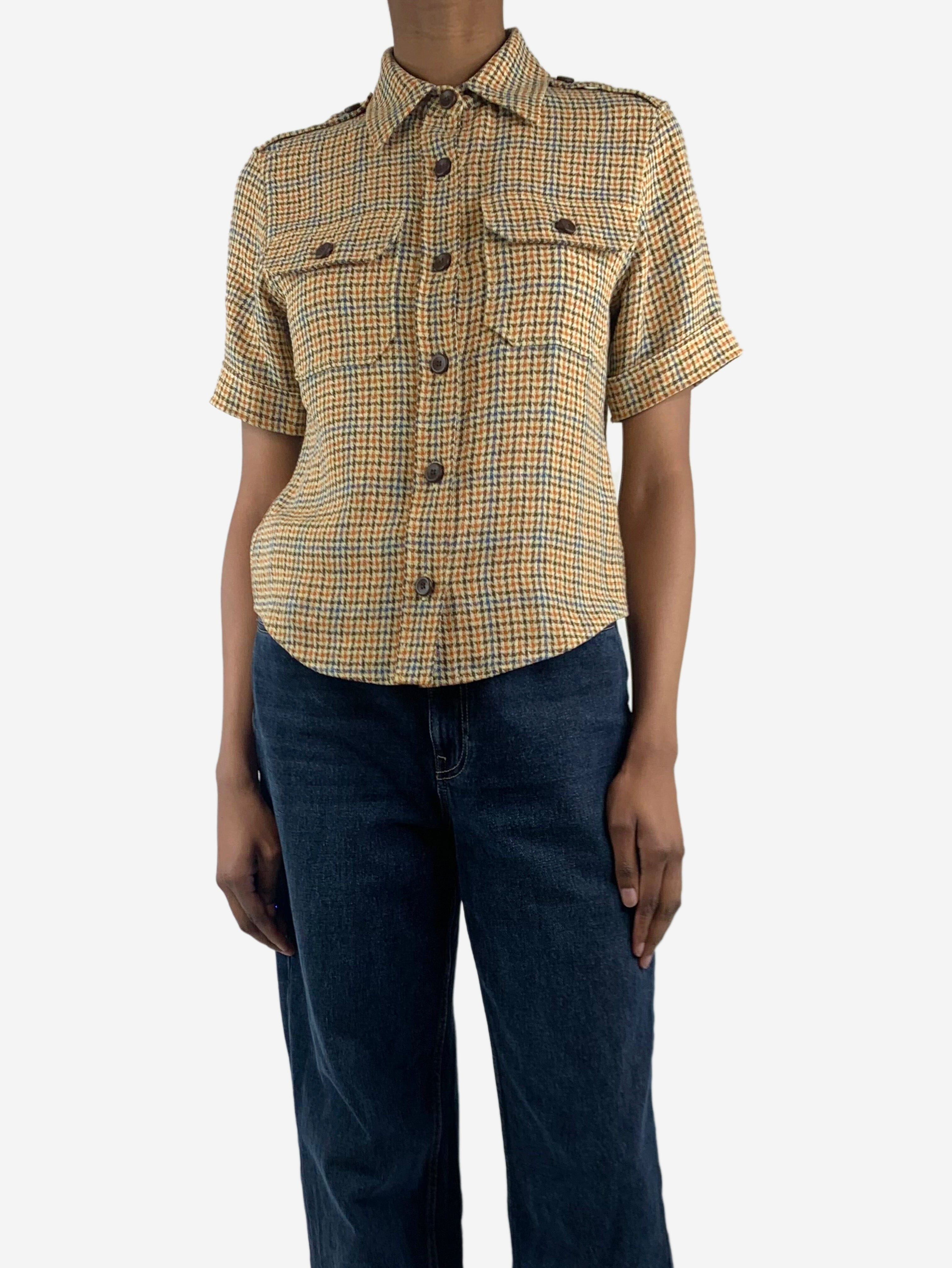 Stylish Brown Checkered Flax Short Sleeve Shirt - UK Size 4 | Casual Summer Wear, Outdoor Activities & Office Outfits