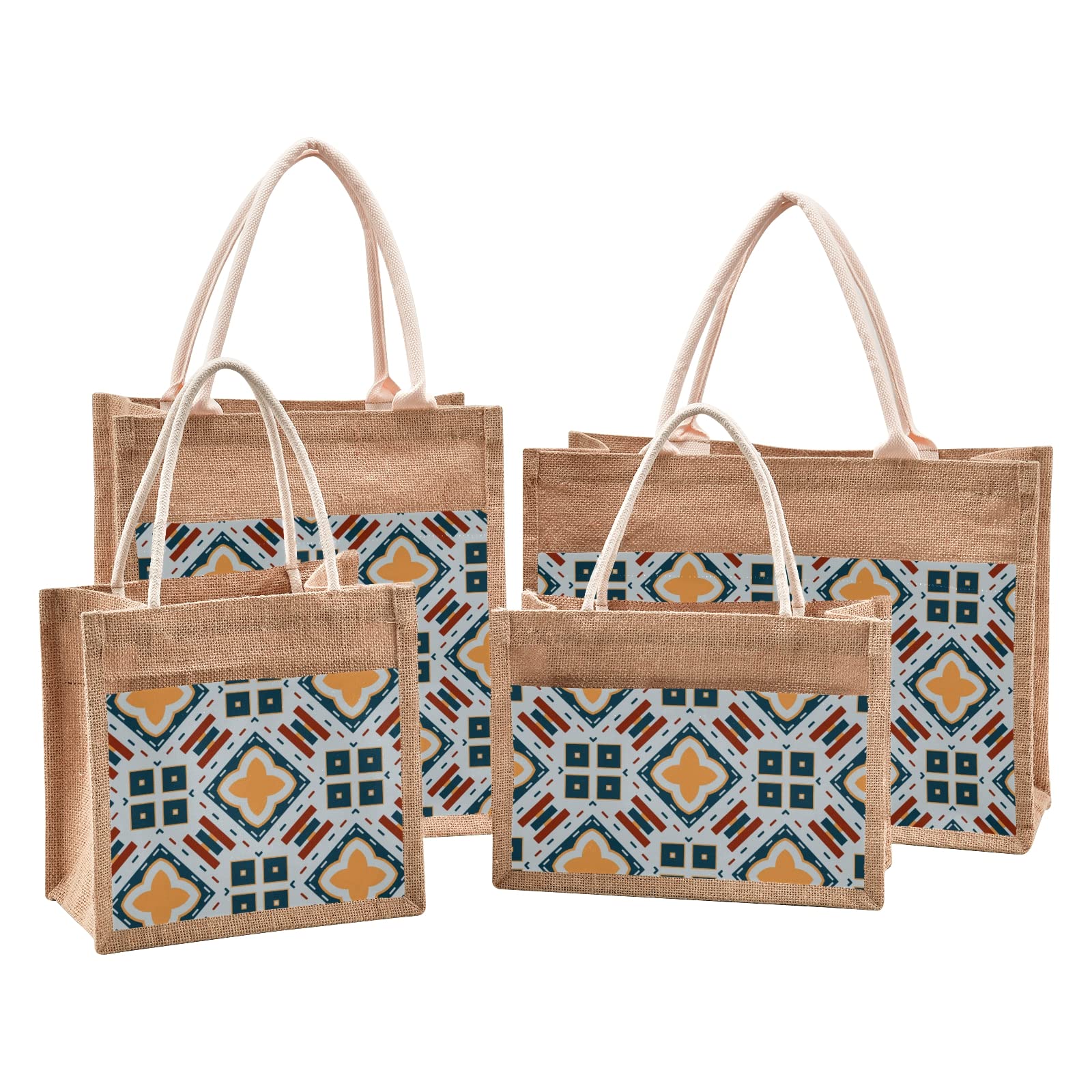 Eco-Friendly Jute Tote Bag with Orange Square Print - 4 Sizes Reusable Beach & Grocery Shopping Bag for Women | Perfect for Beach Trips, Farmers Markets & Everyday Use