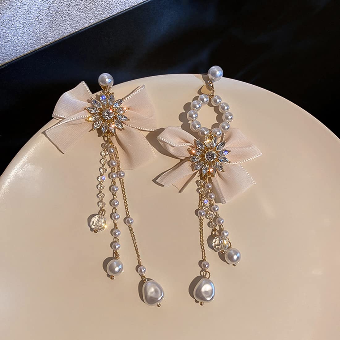 Boho Pearl Drop Earrings for Women – Lightweight Dangle Tassel Bow Earrings with Silver Stud Hoops | Perfect for Weddings, Parties & Everyday Wear
