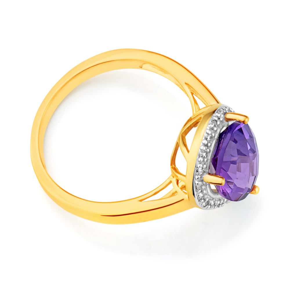 9ct Yellow Gold Amethyst & Diamond Dress Ring for Women - Elegant Purple Gemstone Jewelry for Evening Wear & Special Occasions