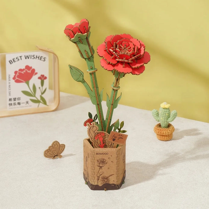 3D Wooden Flower Puzzle Kit - DIY Red Carnation Model for Adults & Teens - Home Decor, Gift Idea, Relaxing Craft Project for Stress Relief & Mindfulness
