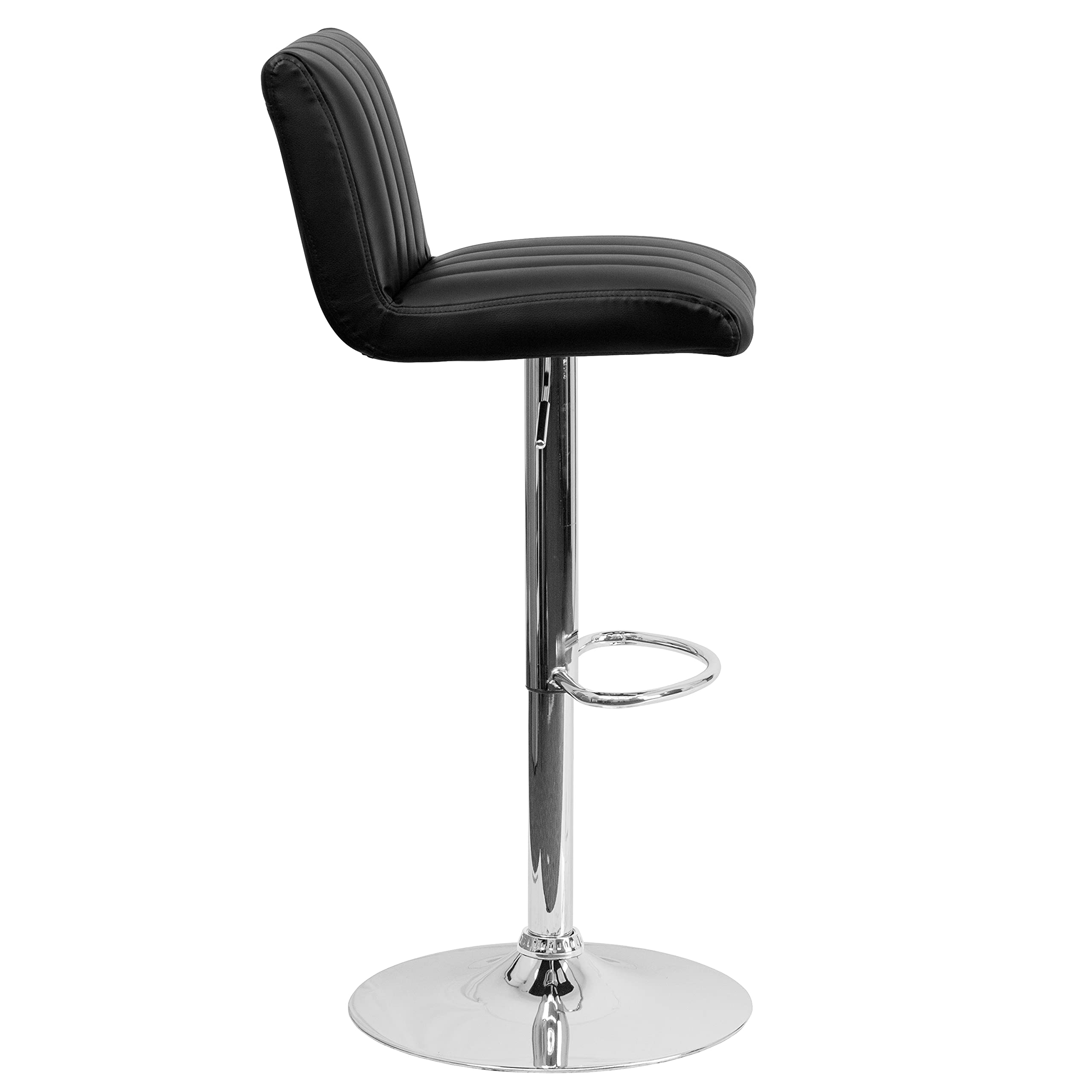 EMMA & OLIVER Black Vinyl Adjustable Height Bar Stool with Vertical Stitch Back - Modern Kitchen Island & Counter Height Stools for Dining, Bar, or Home Decor