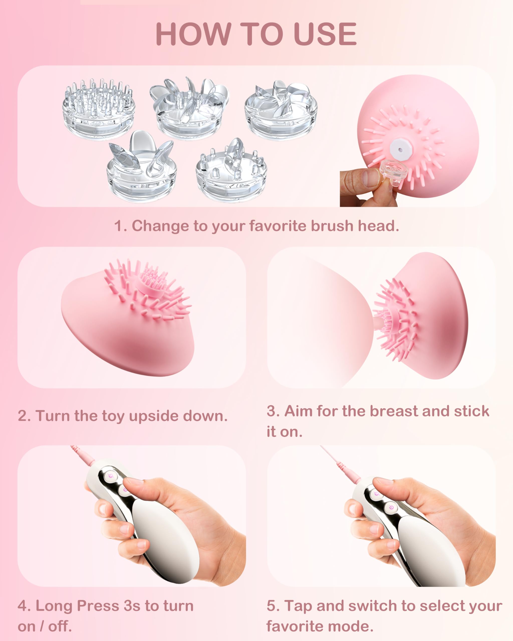 Rechargeable Pink Vibrating Nipple Massager & Sucking Stimulator for Women - 10 Brush Heads & Powerful Vibration Modes - Adult Sex Toy for Couples Play, Solo Pleasure & Sensual Exploration