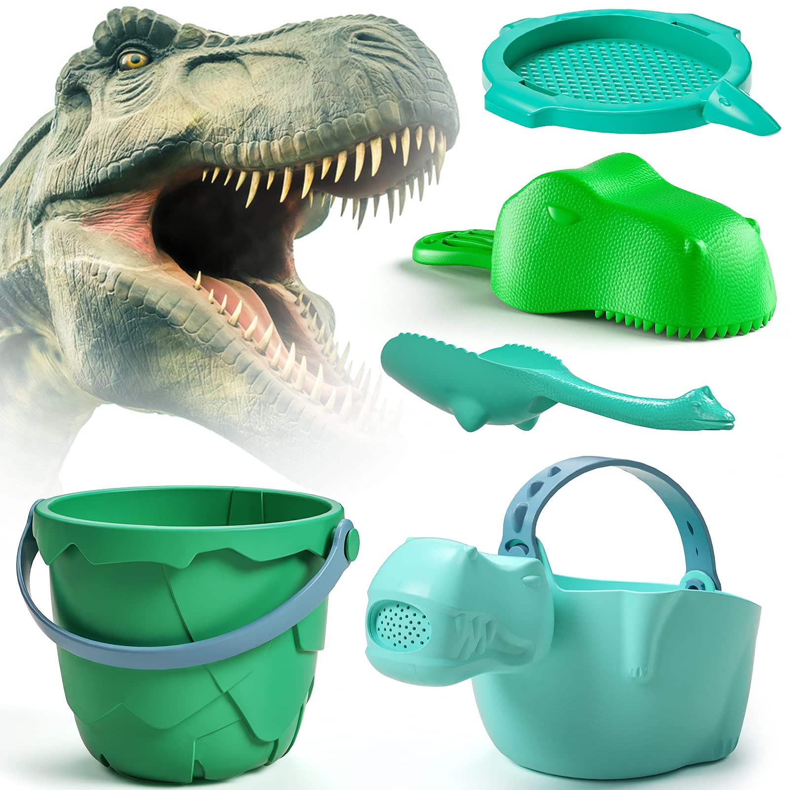 Burgkidz Dinosaur Sand Toys Set - Beach & Garden Toys for Kids with Volcano Sand Bucket, T-Rex Shovels, Watering Can & Pterodactyl Sand Sieve | Outdoor Play, Sandcastle Building & Backyard Fun