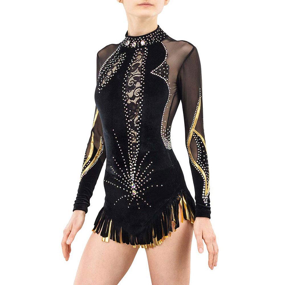 Handmade Black Jeweled Diamond Look Long Sleeve Gymnastics Leotard for Women & Girls - Competition Dance & Figure Skating Dress (Size Child 8) - Perfect for Rhythmic Gymnastics, Artistic Performances & Ice Skating Shows