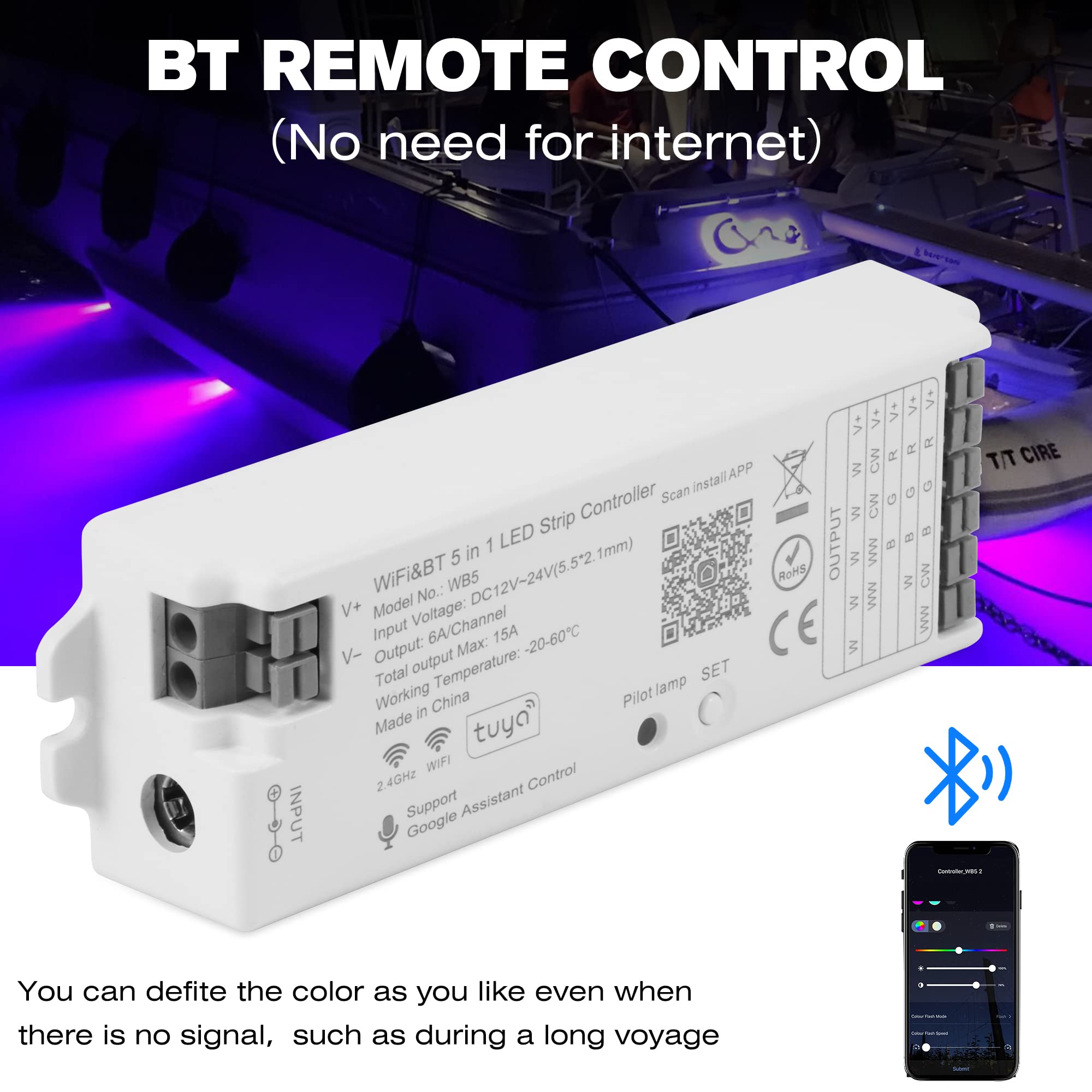 HUSUKU S1 5-in-1 WB5 2.4GHz Tuya WiFi PWM LED Controller - Smart Dimming CCT RGB RGBW RGBCCT Strip Light Control, Works with Alexa/Google Assistant/Siri, RF Remote Included - Perfect for Home Theater, Bedroom & Party Lighting