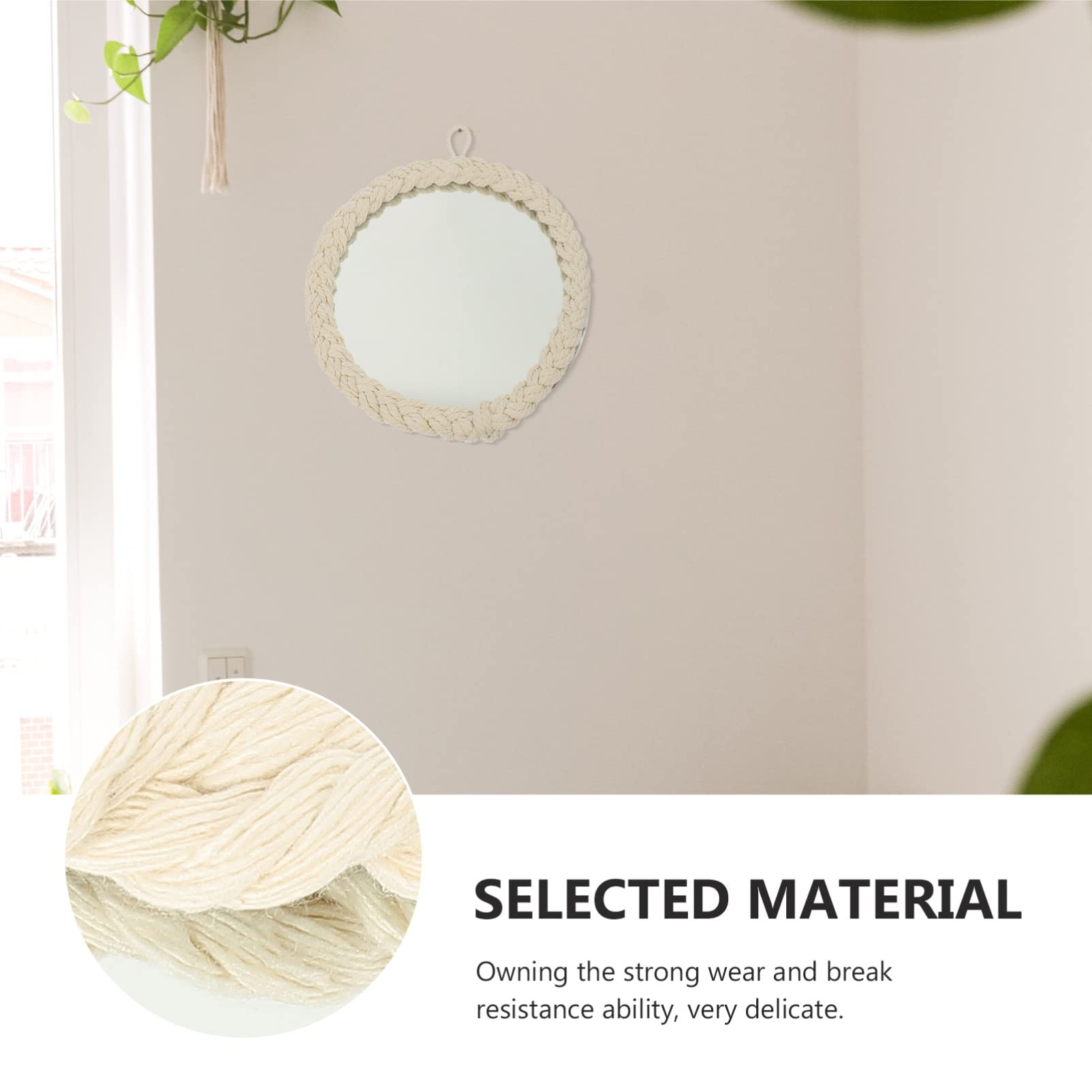 FOMIYES Decorative Wall Hanging Mirror with Glass Pendant and White Cotton Rope - Boho Chic Home Decor for Bedroom, Living Room, Entryway