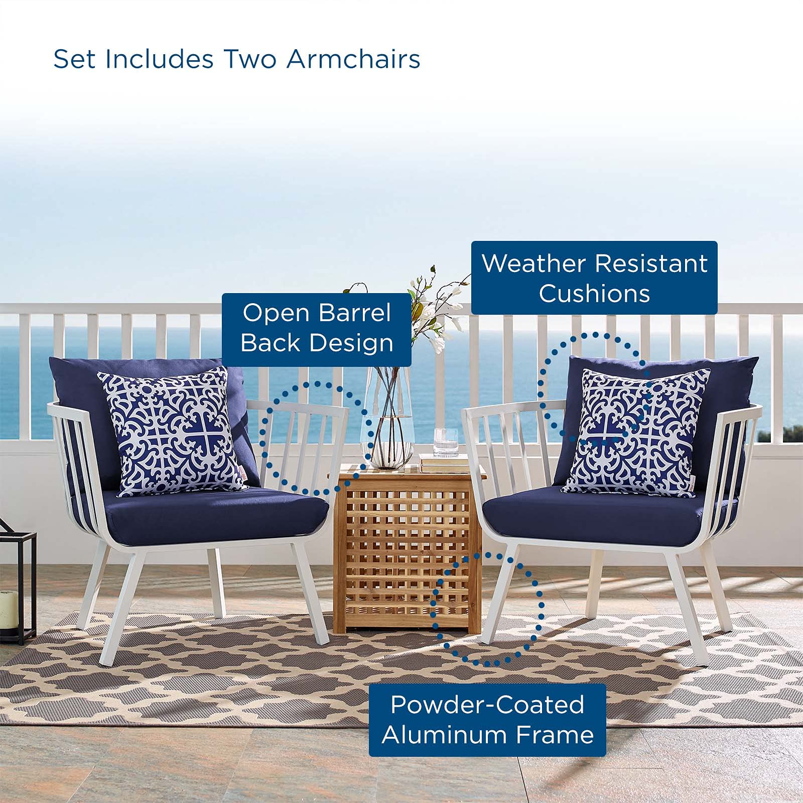 Modern Outdoor Lounge Chair Armchair Set of 2 - Aluminum Metal Frame with White Blue Navy Cushions - Perfect for Patio, Cafe, Bistro & Backyard Relaxation