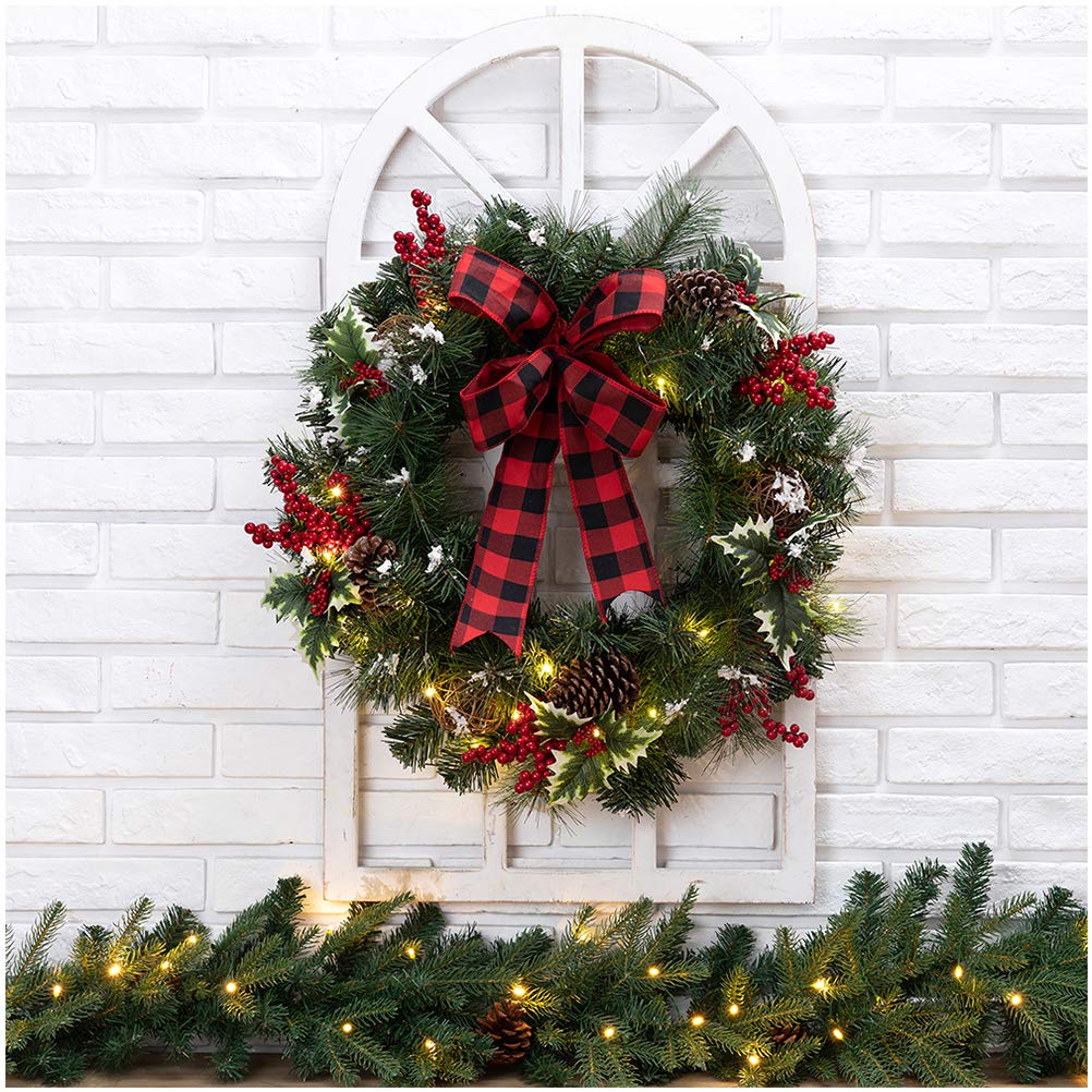 Glitzhome Rustic Wooden Window Frame with LED Pre-Lit Pinecone & Ornament - Artificial Christmas Wreath for Front Door, Wall, Window Decor - Indoor & Outdoor Holiday Decorations - Perfect for Christmas, Winter, and Seasonal Home Decoration