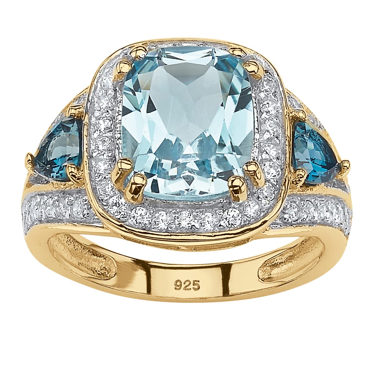 PalmBeach Yellow Gold-Plated Sterling Silver Emerald Cut Genuine London Blue Topaz & Cubic Zirconia Halo Ring - Sizes 6-10 | Elegant Jewelry for Weddings, Anniversaries & Special Occasions