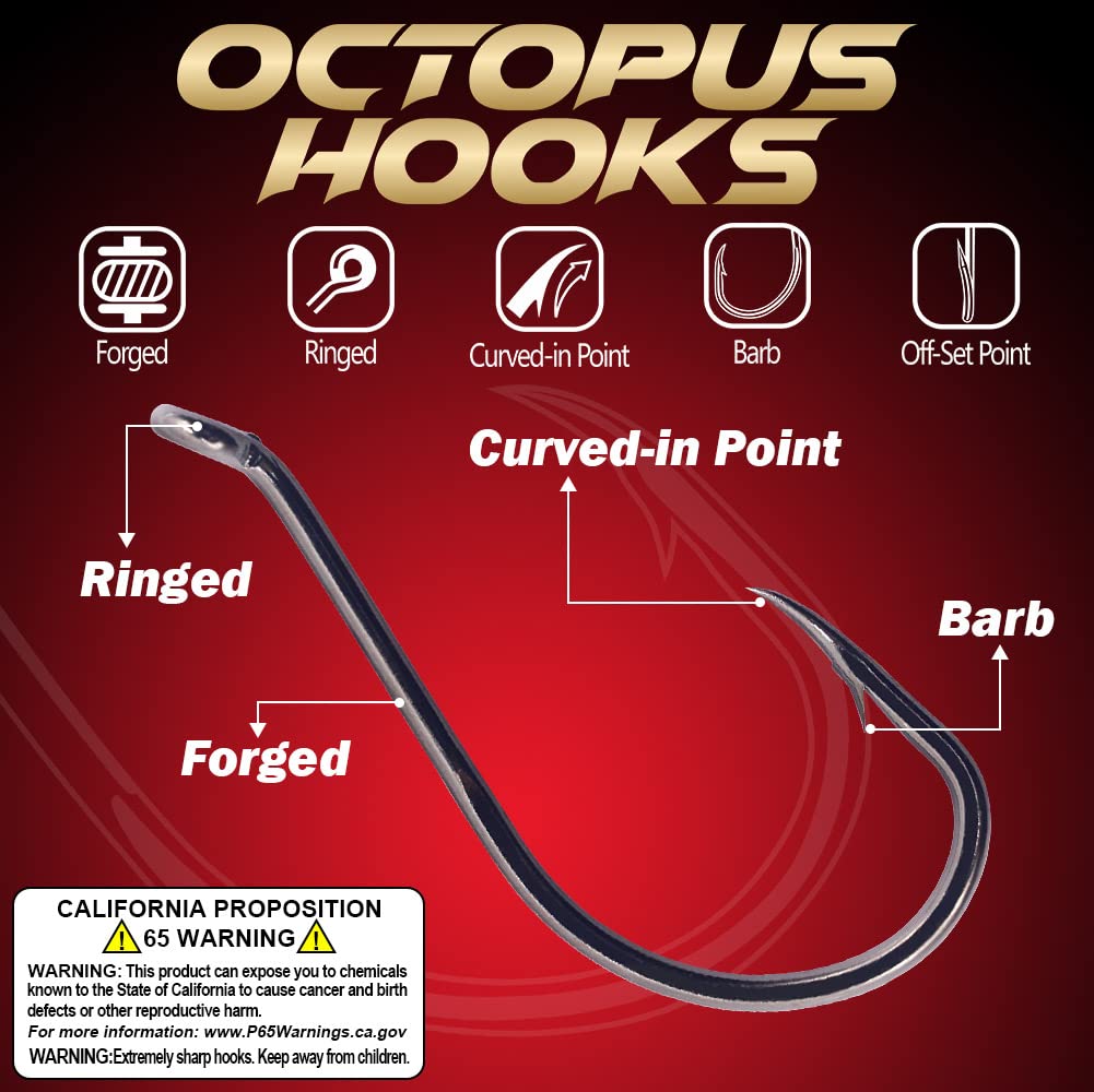 Octopus Circle Fishing Hooks - 50/100 Pack for Freshwater & Saltwater - Red & Black Beak Hooks for Bass, Catfish, Trout - Perfect for Live Bait & Catch & Release Fishing