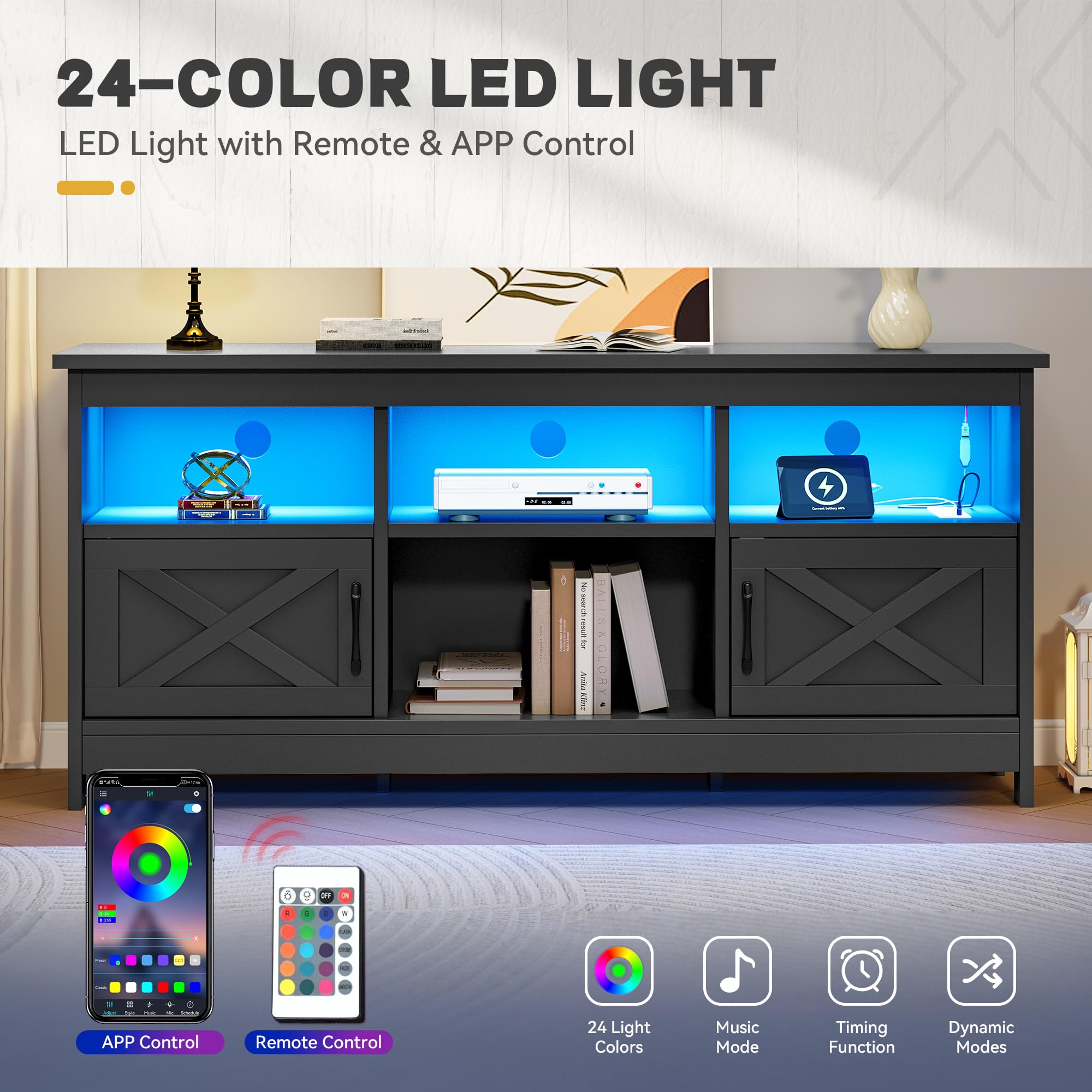 YITAHOME 65 Inch TV Stand with Storage Cabinets, Power Outlet & LED Lights - Modern Entertainment Center Media Console for Living Room, Bedroom or Home Theater - Black