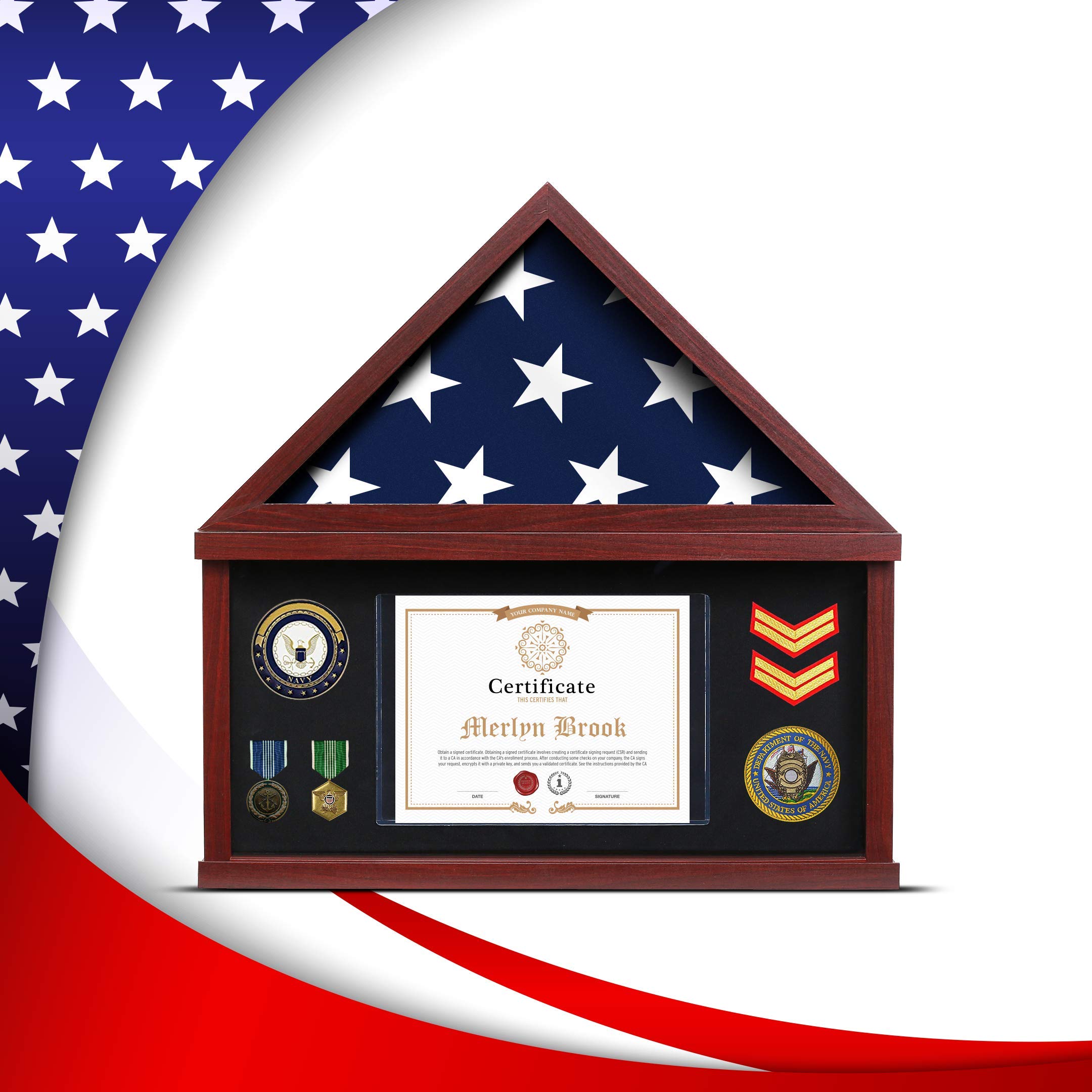 Premium American Veteran Burial Flag Display Case - Military Shadow Box with 95% Clear Glass & Felt Lining - Holds Folded 5x9.5ft Funeral Flag, Medals & Documents - Mahogany Frame for Wall Mounting - Perfect for Memorial Displays, Home Decor & Military Tributes