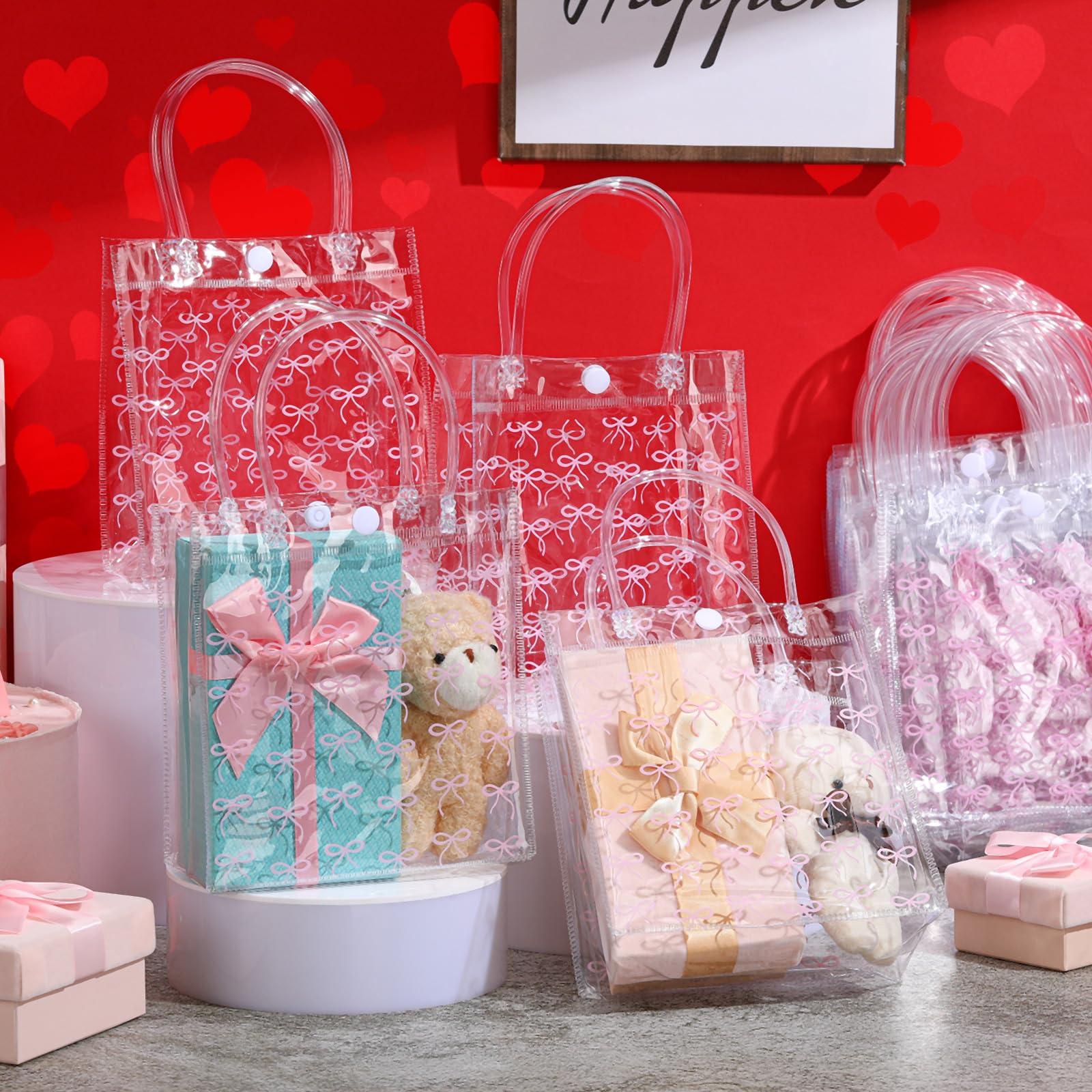 Sweetude 24 Pcs Coquette Bow PVC Clear Gift Bags with Handle - Elegant Goodie Candy Treat Bags for Birthday, Baby Shower, Bridal Shower & Christmas Party Supplies - Perfect for Gift Wrapping, Party Favors & Event Decorations
