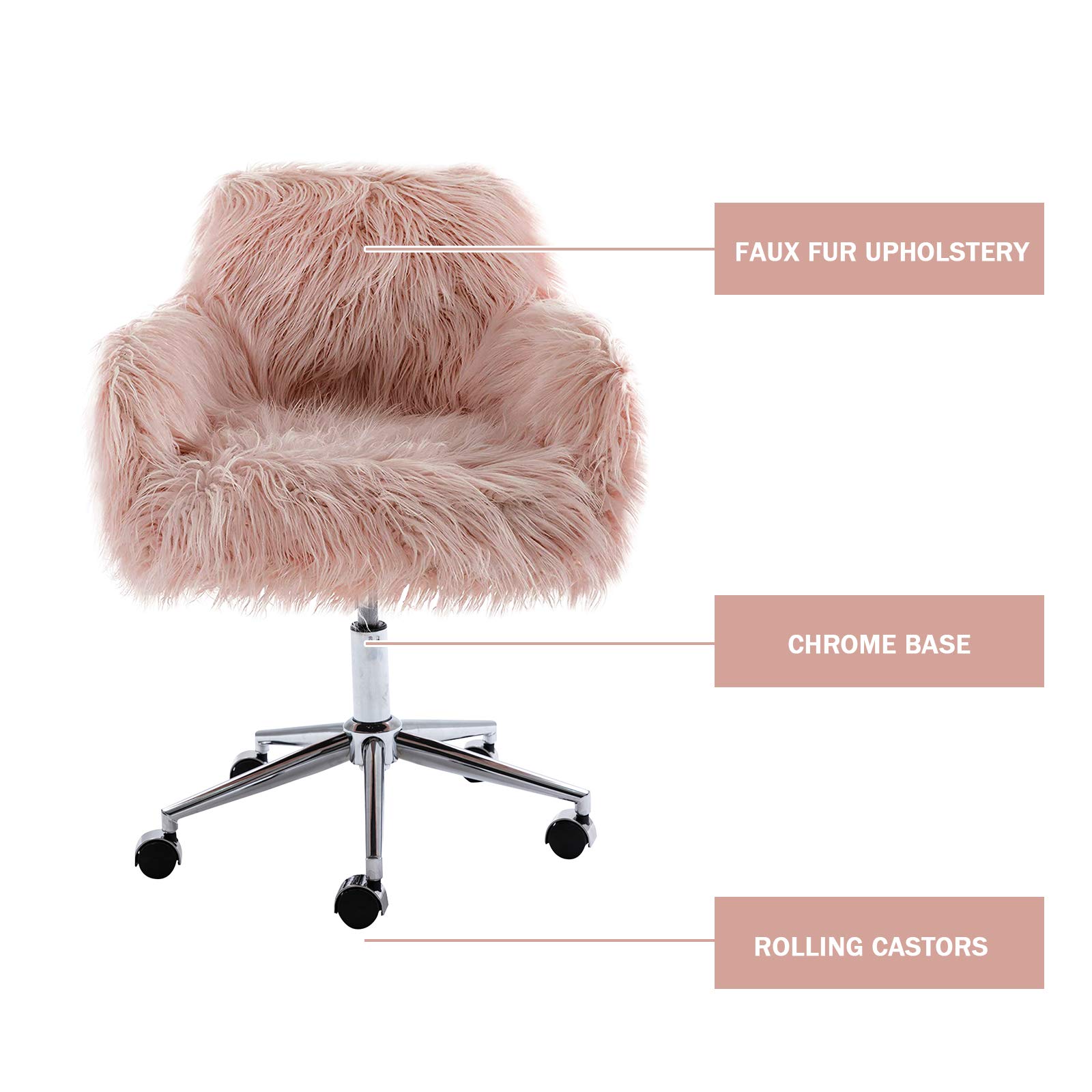 Fluffy Faux Fur Swivel Desk Chair - Adjustable Height Modern Home Office Chair for Women & Girls, Pink Vanity Accent Chair for Bedroom, Living Room & Makeup Room - Perfect for Work, Study and Relaxation