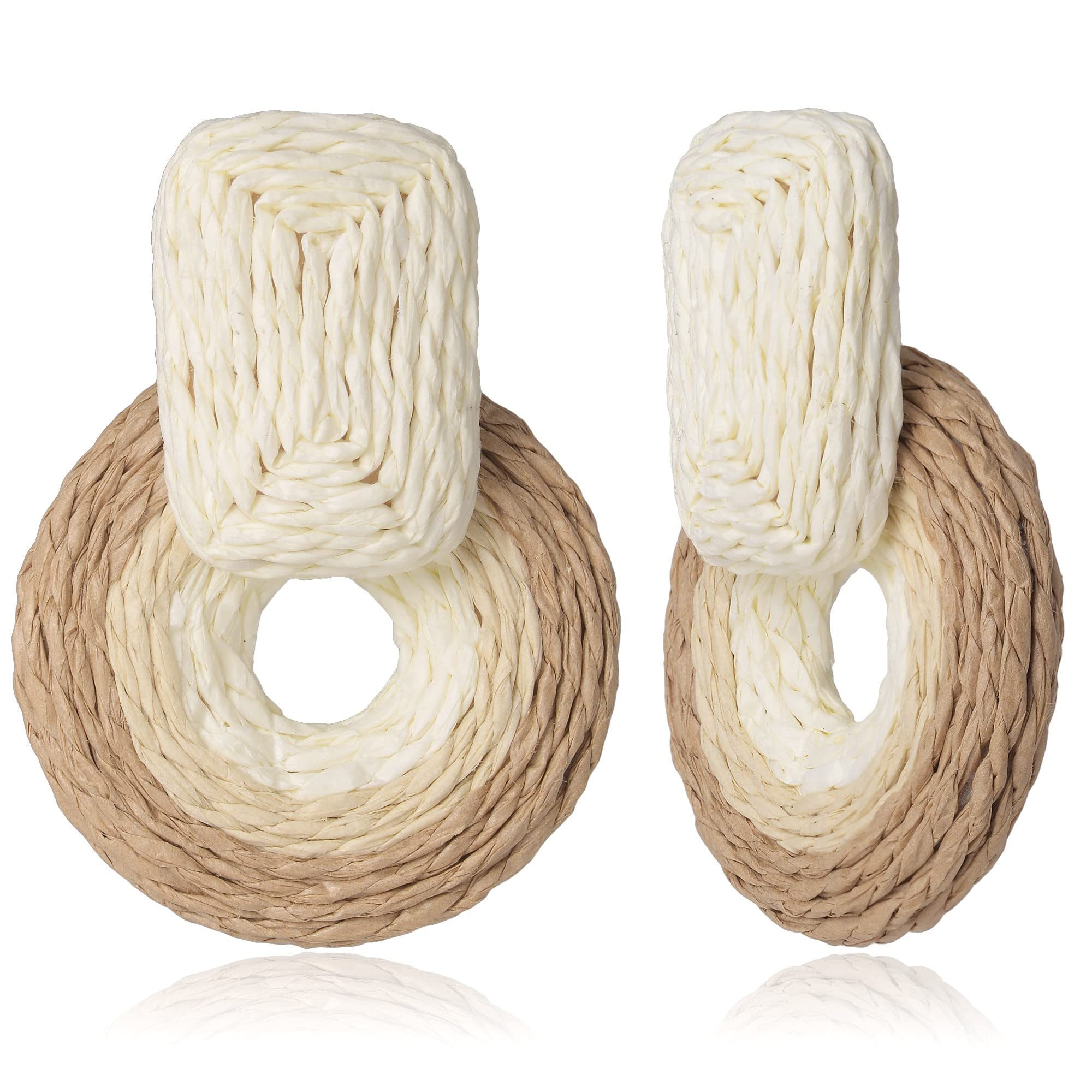 Boho Raffia Round Earrings - Handmade Wicker Drop Dangle Earrings for Women | Natural Rattan Straw Statement Jewelry | Perfect Gift for Women & Girls | Great for Summer Festivals, Beach Vacations & Boho Fashion