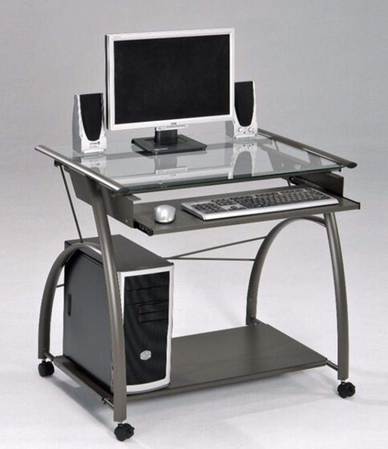 Ergonomic Glass Top Mobile Computer Desk for Home Office - Adjustable Height Workstation with Pull-Out Keyboard Tray & Smooth-Rolling Wheels - Perfect for Small Spaces, Remote Work & Study Areas