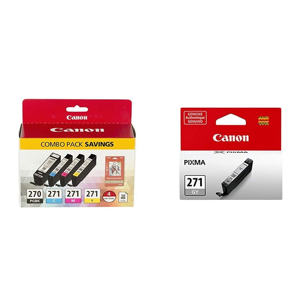 Canon PGI-270/CLI-271 Ink Cartridge Combo Pack with Photo Paper & CLI-271 Gray Ink Tank - Compatible with MG7720, TS8020, TS9020 Printers - Perfect for Home Photo Printing, Office Documents & Craft Projects
