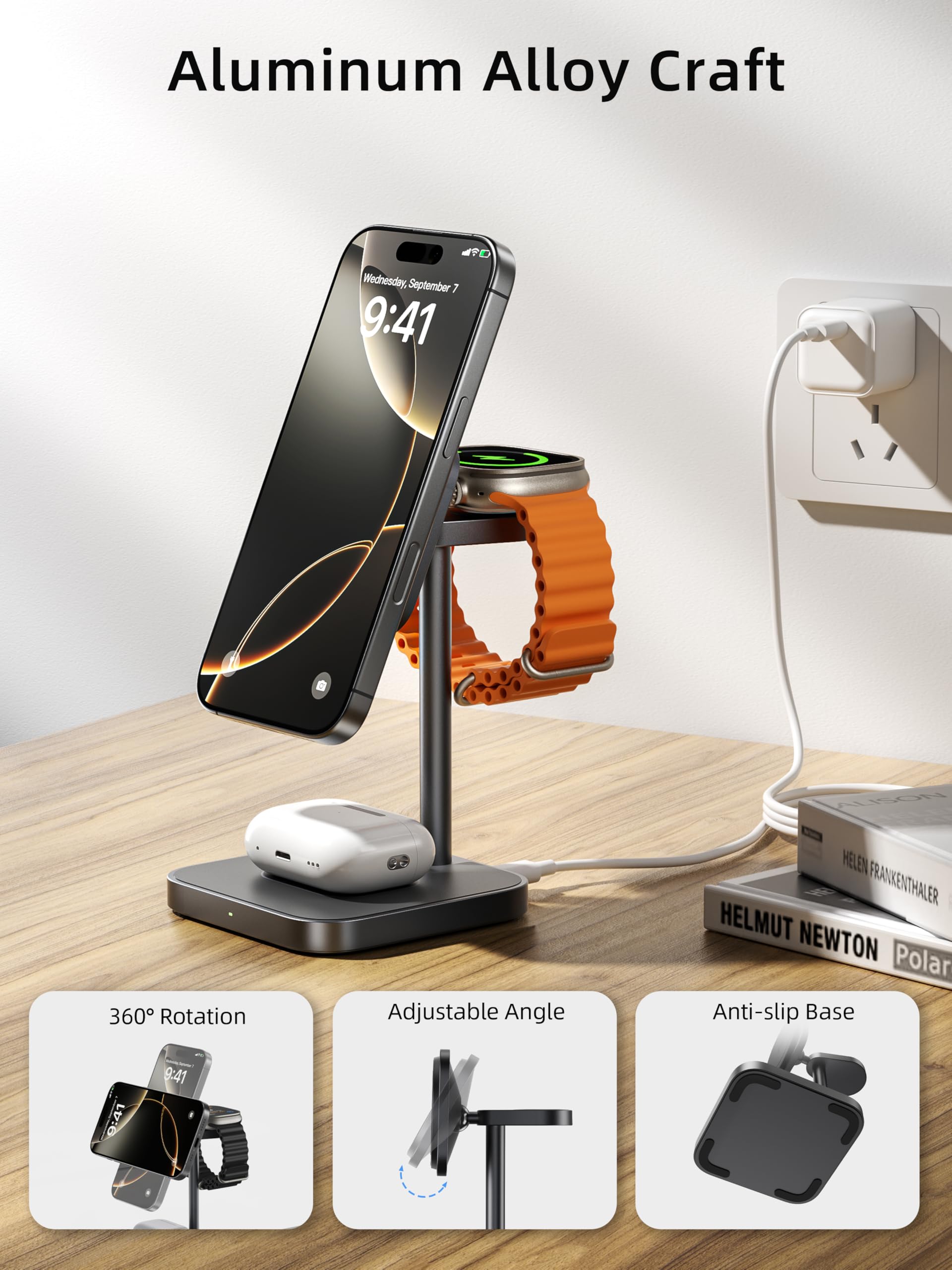 LULULOOK [Qi2 Certified] 3-in-1 Magnetic Wireless Charging Station - 15W Fast Charger Stand for iPhone 16/15/14/13/12, AirPods & Apple Watch with 30W GaN USB-C Adapter | Premium Aluminum Alloy Design | Perfect for Home, Office & Travel Charging
