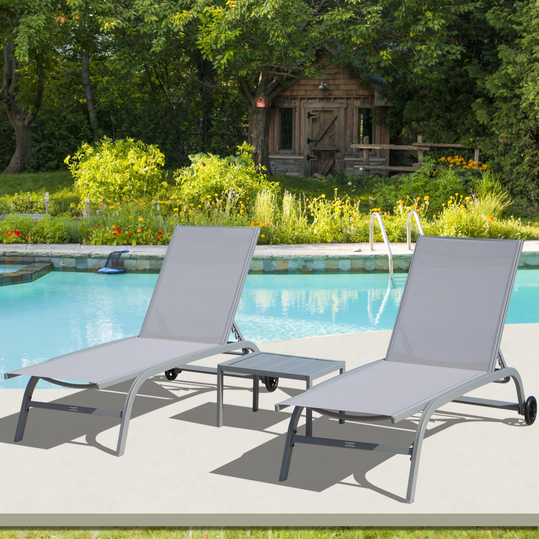Domi 3-Piece Adjustable Aluminum Pool Lounge Chairs Set with Wheels & Side Table - All-Weather Textilene Outdoor Chaise Lounges for Deck, Lawn, Poolside & Backyard Relaxation | Perfect for Sunbathing, Lounging by the Pool, and Outdoor Entertaining