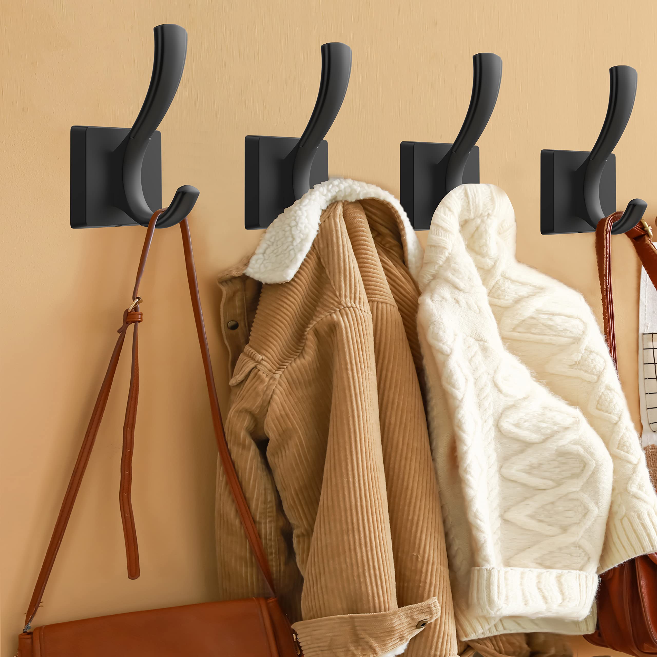 Black Wall Hooks 5-Pack - Towel, Coat & Backpack Hanger for Bathroom & Entryway