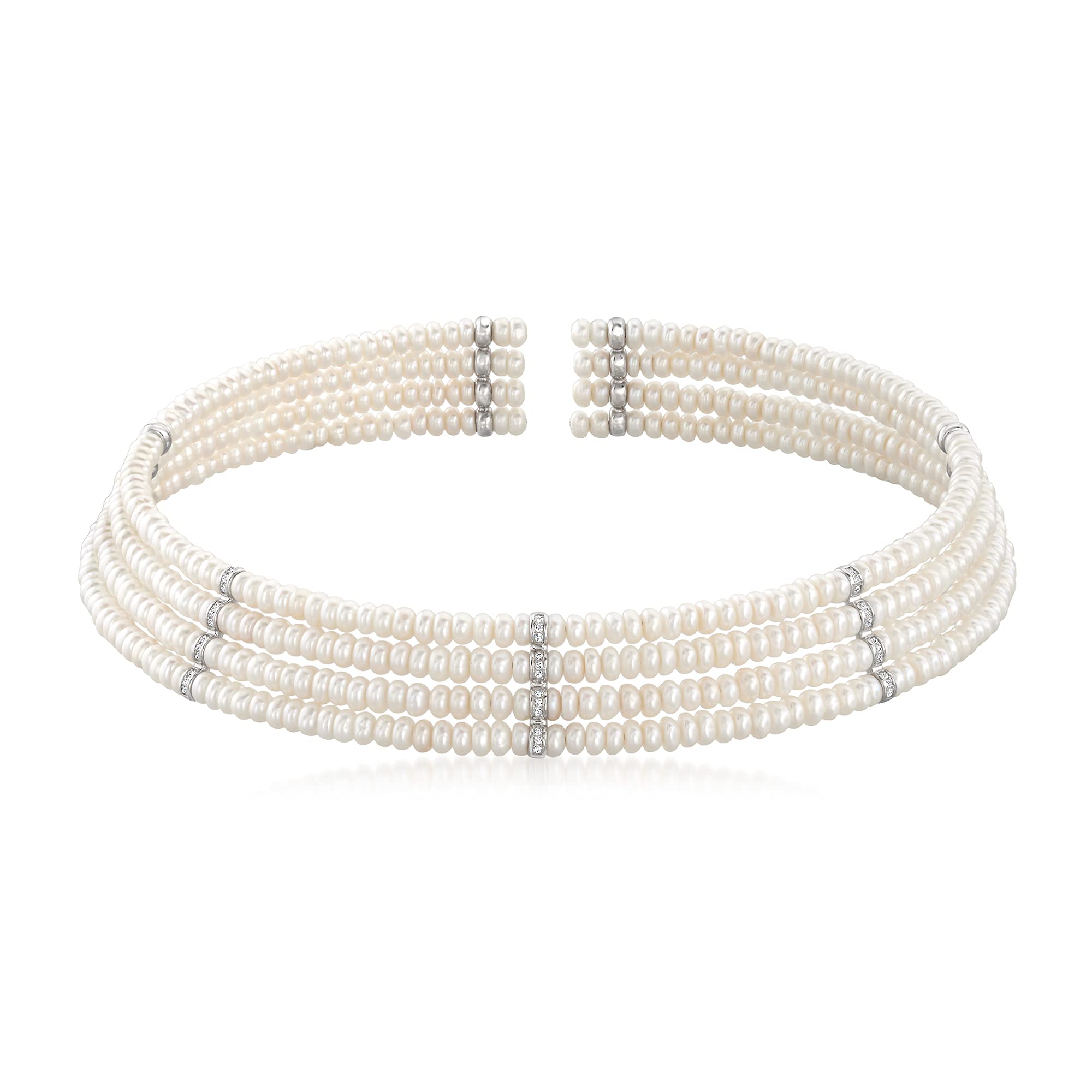 Ross-Simons 4.5-5mm Multi-Row Cultured Pearl & Diamond Choker Necklace in Sterling Silver - Elegant Jewelry for Weddings, Parties & Special Occasions