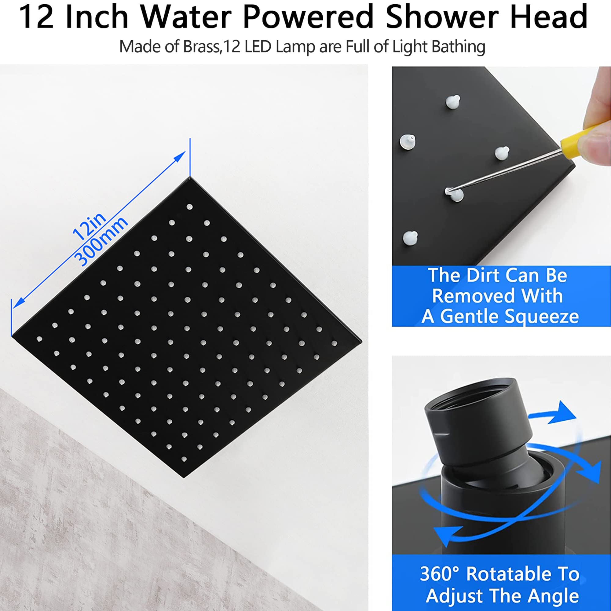 SKOWLL Matte Black Rainfall Shower System - 12 Inch Ceiling Mount LED Shower Head with 2-Function Valve Kit & Handle Set | Modern Bathroom Upgrade for Spa-Like Experience