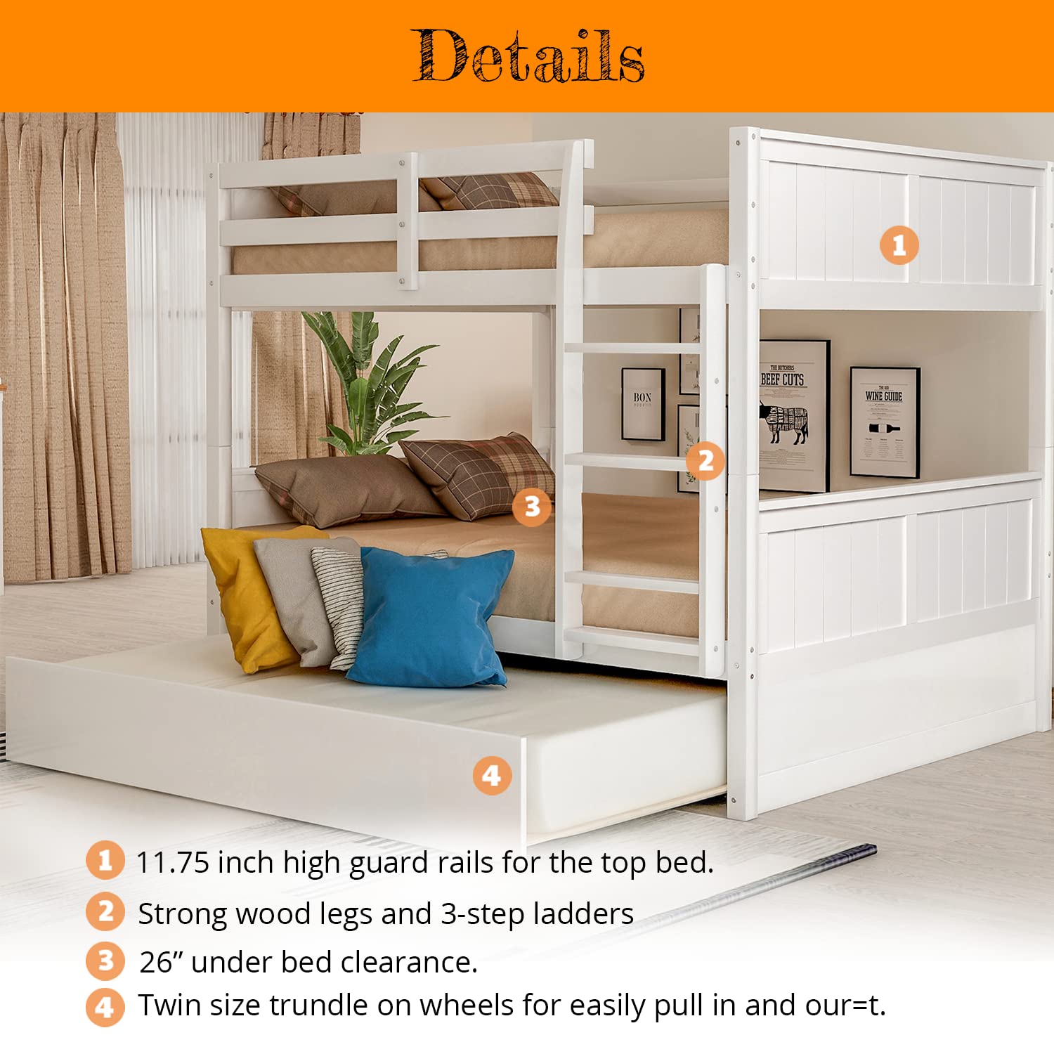 MERITLINE Solid Wood Full Over Full Bunk Bed with Detachable Design & Trundle - Kids Floor Bunk Bed in Espresso Finish | Perfect for Small Bedrooms, Guest Rooms & Kids' Shared Spaces