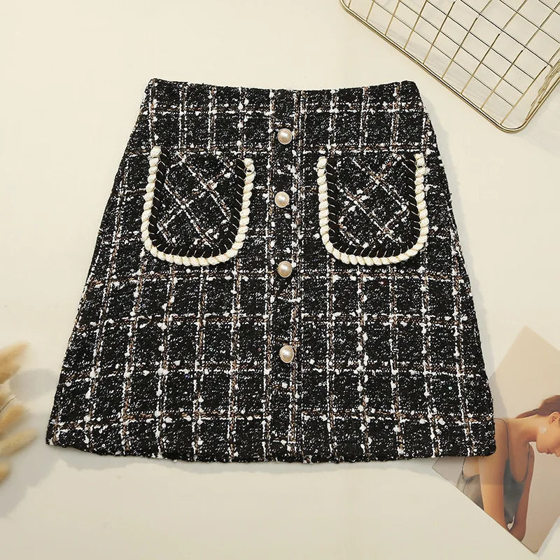 Women's Fall Winter Plaid Tweed Mini Skirt - Thick Woolen Glitter Skirt with Pearl Buttons & Front Pockets | Perfect for Office, Party, and Holiday Outfits