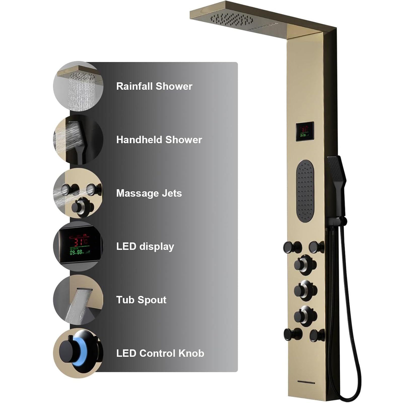 BWE Polished Gold LED Shower Tower System - Rainfall Shower Head with Massage Jets & Temperature Display - Stainless Steel Bathroom Fixtures for Spa-Like Luxury Shower Experience