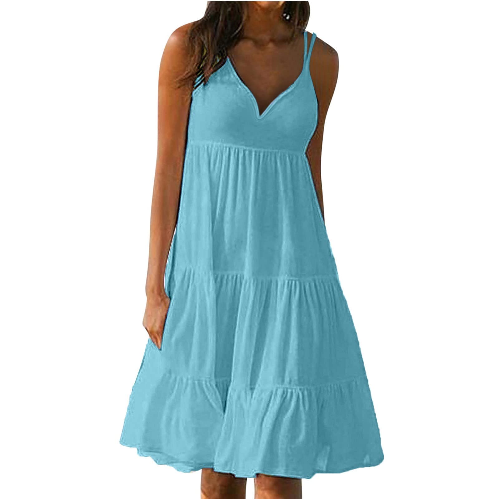 Women's Summer Sundresses 2024 - Casual Flowy Tiered Beach Dress with Sleeveless V-Neck | Perfect for Vacation, Beach Outings & Outdoor Parties