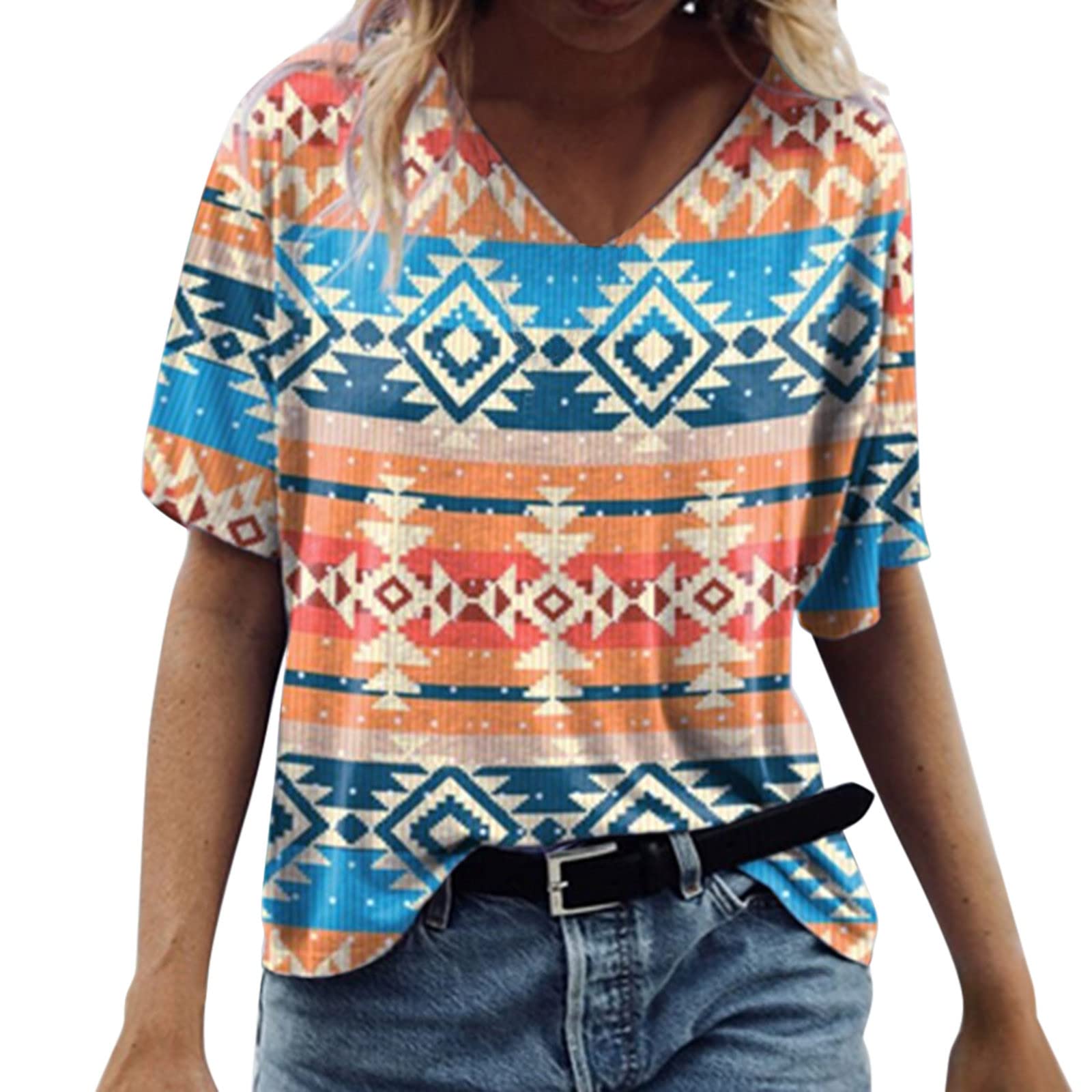 Aztec Print Western Shirts for Women | Vintage Graphic Tees with Geometric Patterns & Bull Skull Design | V-Neck Retro T-Shirts for Casual Wear, Music Festivals & Boho Style Outfits