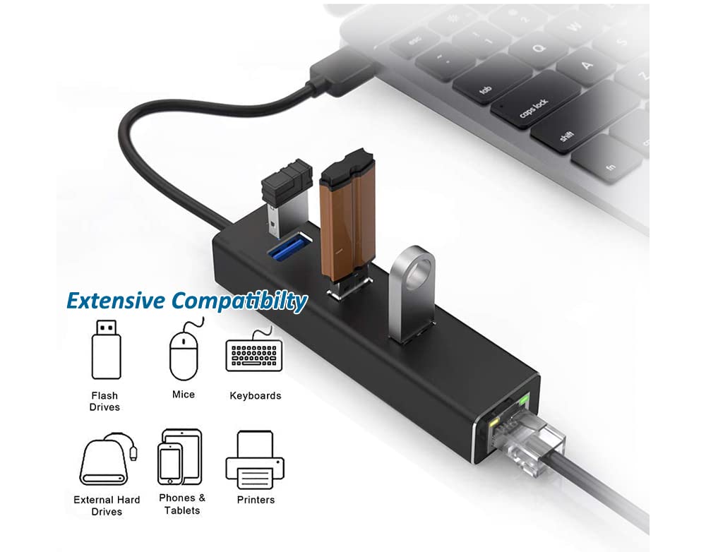 3-Port USB 3.0 Hub with Gigabit Ethernet Adapter - High Speed Data Transfer for Laptop, Desktop & Gaming Setup | Compact USB Splitter for Home Office & Travel